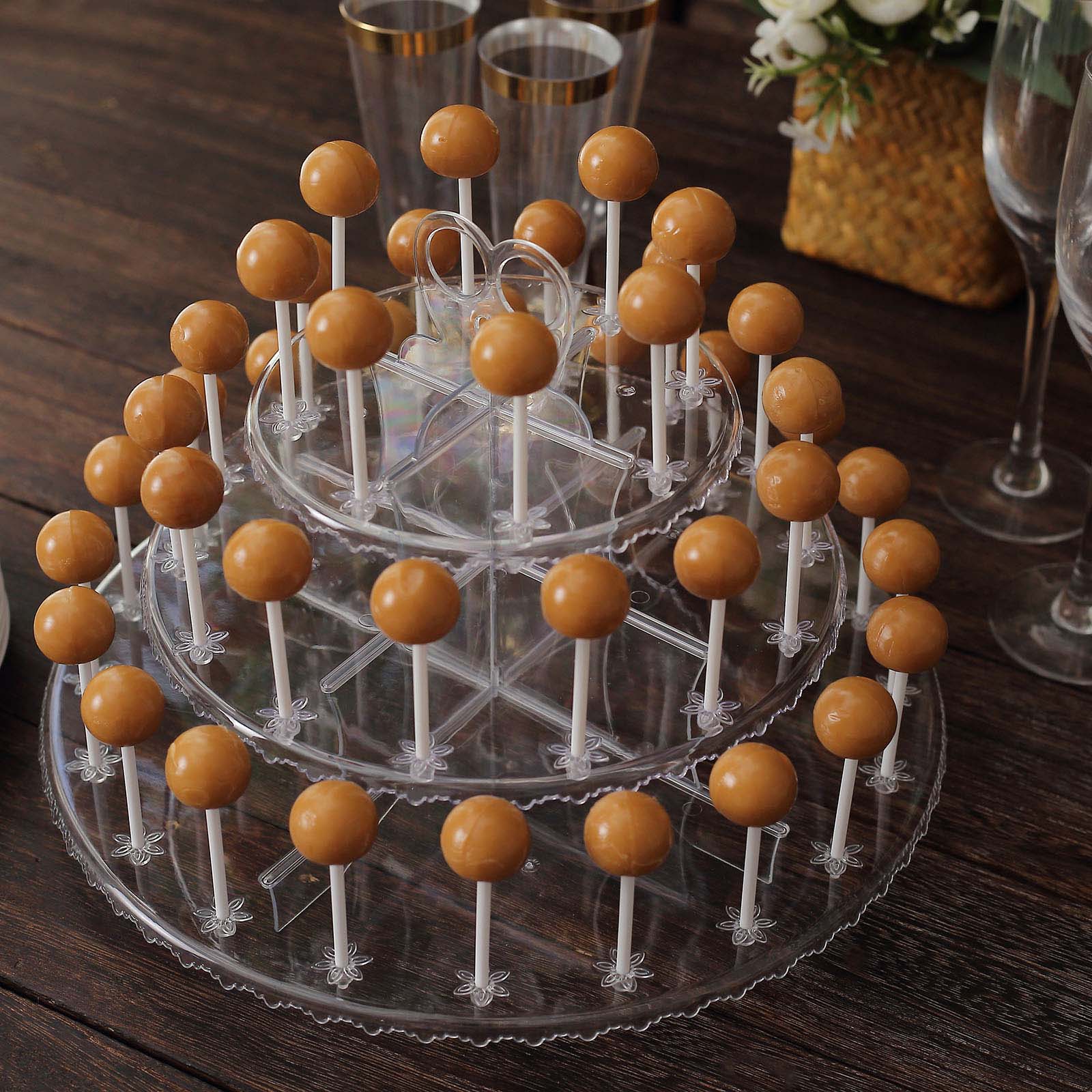 Clear 3-Tier Round Reusable Plastic Cake Pop Holder Cupcake Stand Dessert Tower With Floral Cut Rims 12"