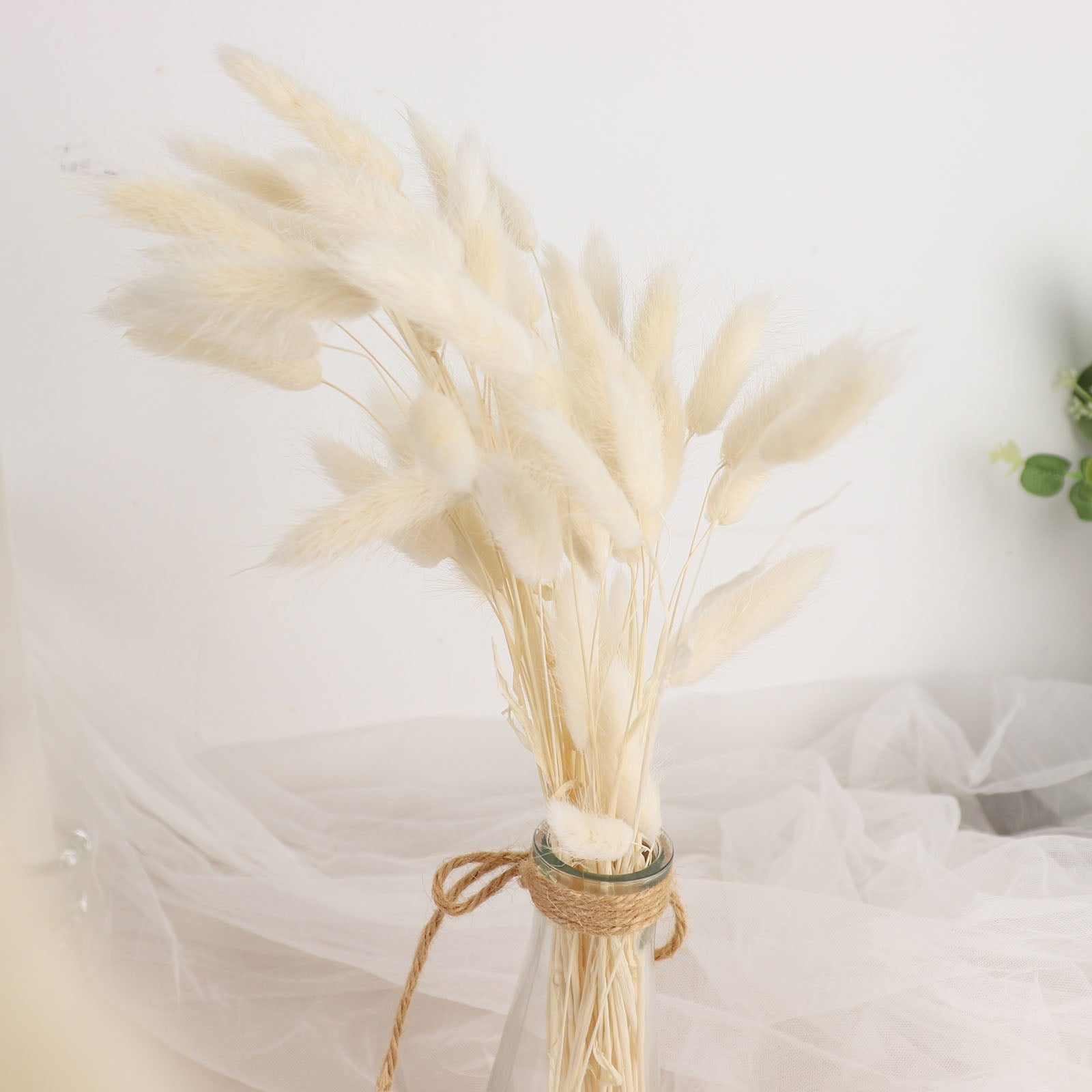 50 Pack Natural White Rabbit Tail Dried Pampas Grass Flower Bouquets, Boho Stem Arrangements 15"