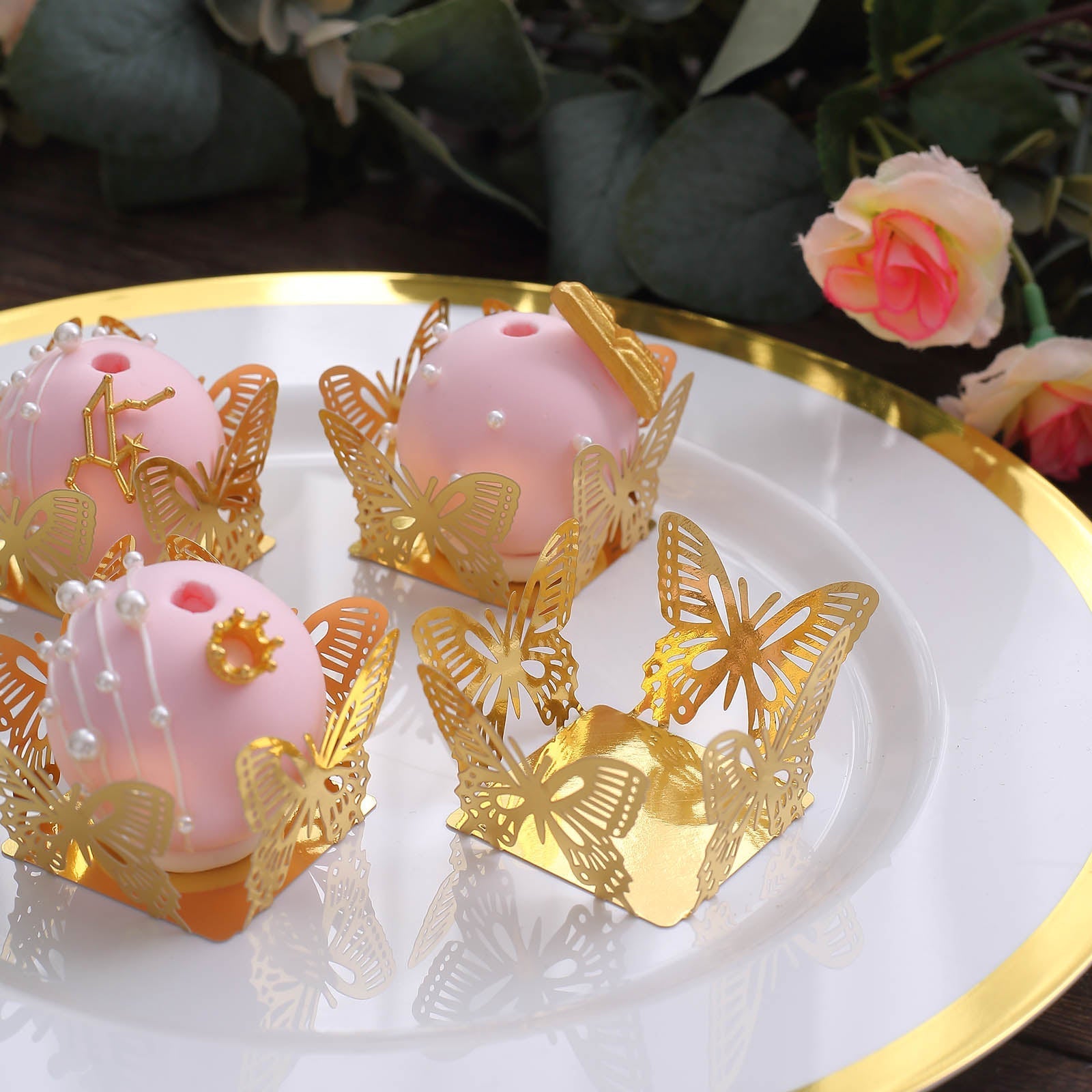 50 Pack Mini Metallic Gold Butterfly Truffle Cup Dessert Liners, Square Cupcake Tray Wrappers 225GSM 4"