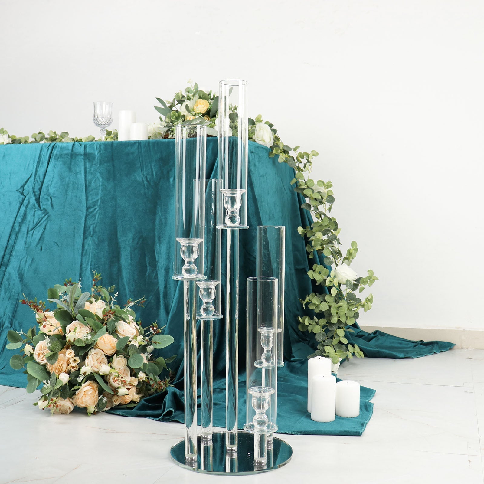 Clear 5-Arm Crystal Round Glass Taper Candle Candelabra, Pillar Candle Holder Wedding Centerpiece 32" Tall