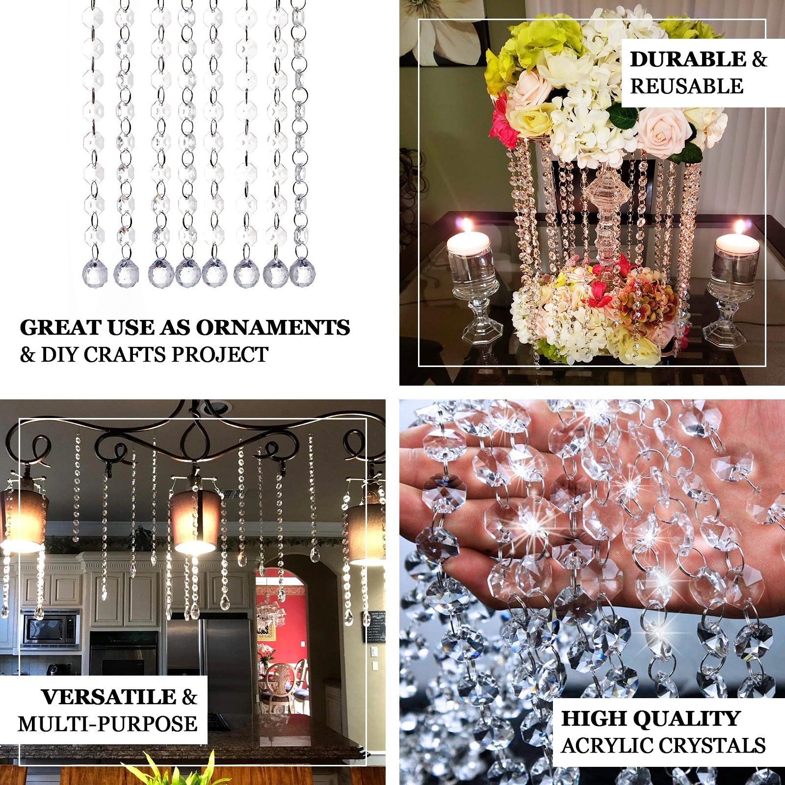 8 Pack Clear Acrylic Crystal Garland Strand, Octagonal Beaded Chains 13"