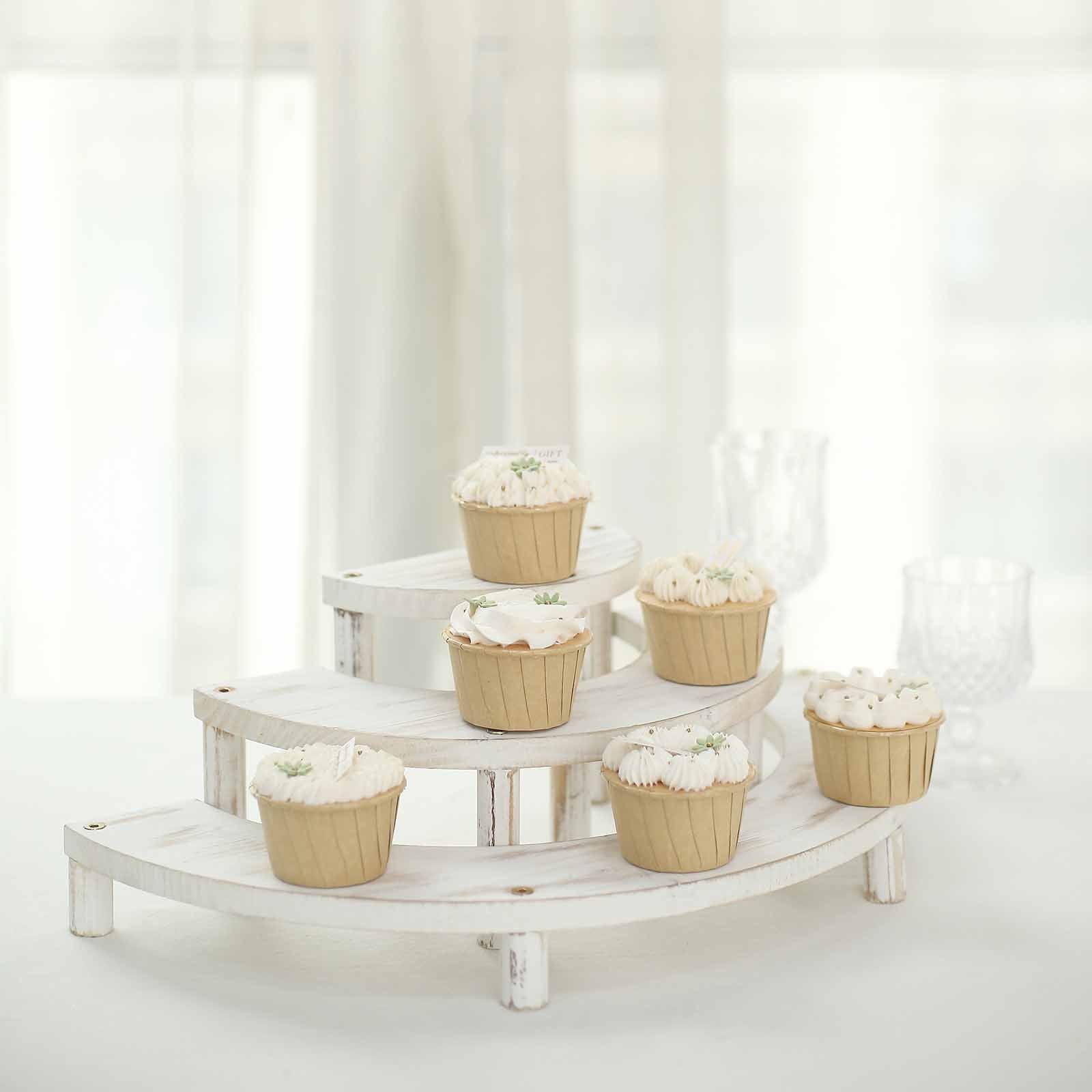Set of 3 Rustic Whitewashed Wood 3-Tier Semicircle Dessert Pedestals, Half Moon Cupcake Display Risers 7", 13", 18"