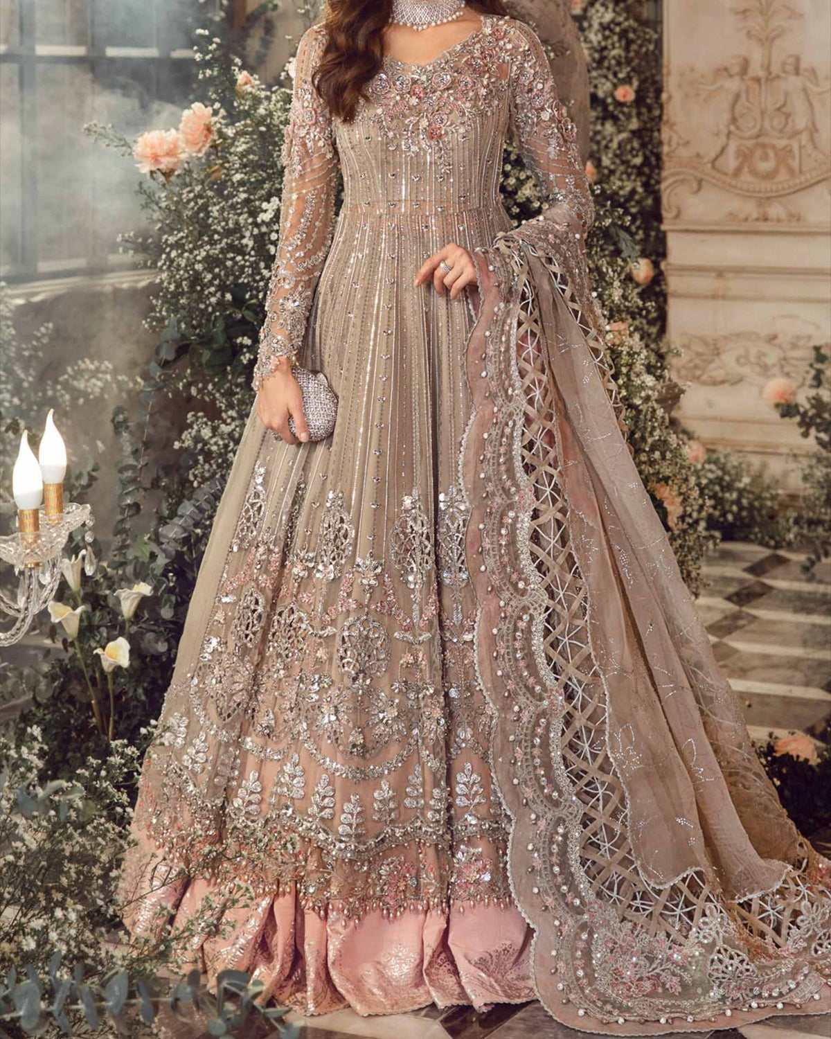 Women's Round Neck Long Sleeve Mesh Embroidery Dress