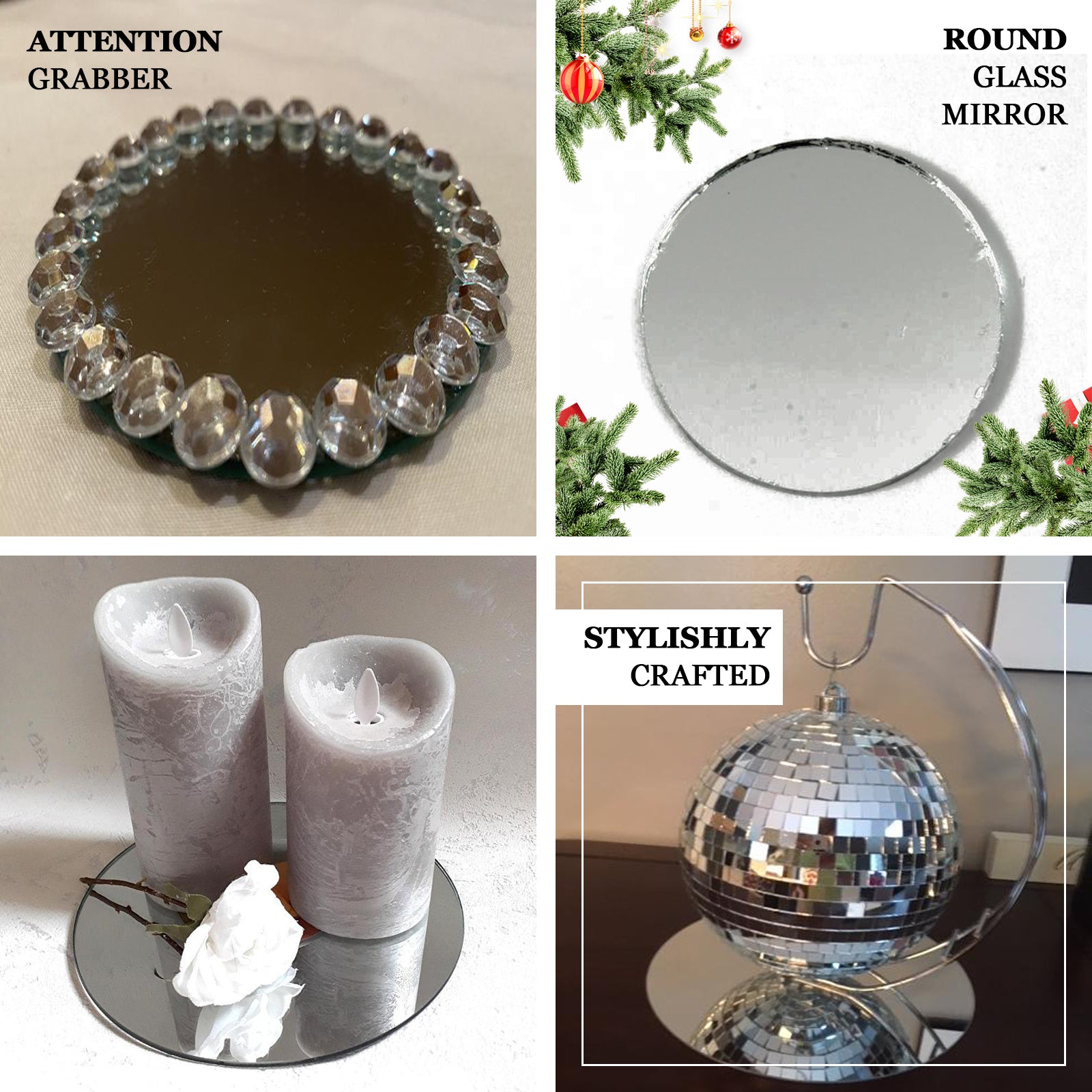 4 Pack Glass Mirror Table Centerpiece, Hanging Wall Decor 14" Round