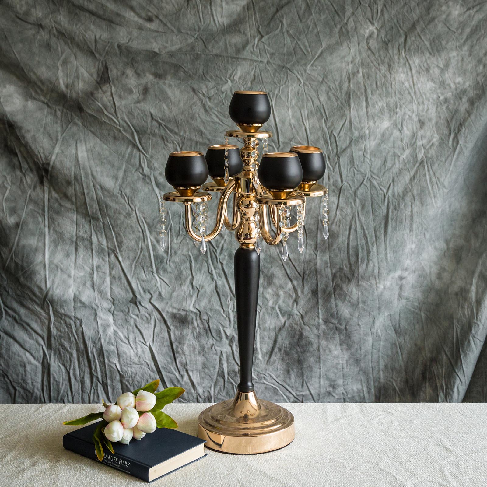 Gold/Black 5 Arm Metal Tealight Votive Candelabra Candle Holder Centerpiece 25"