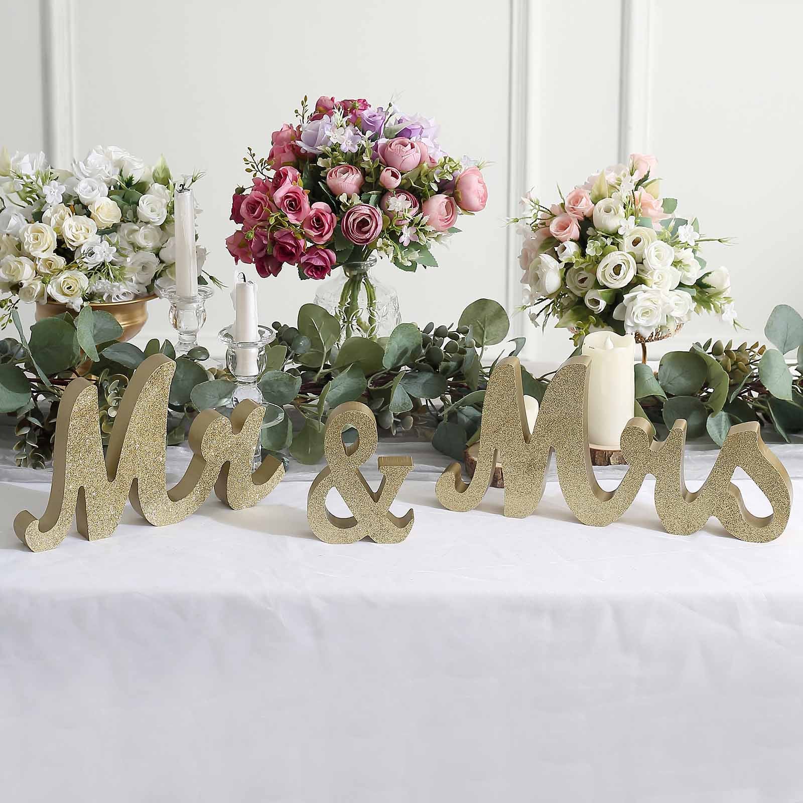 Gold Glittered Wooden "Mr & Mrs" Freestanding Letter Photo Props, Rustic Glam Wedding Table Display Signs
