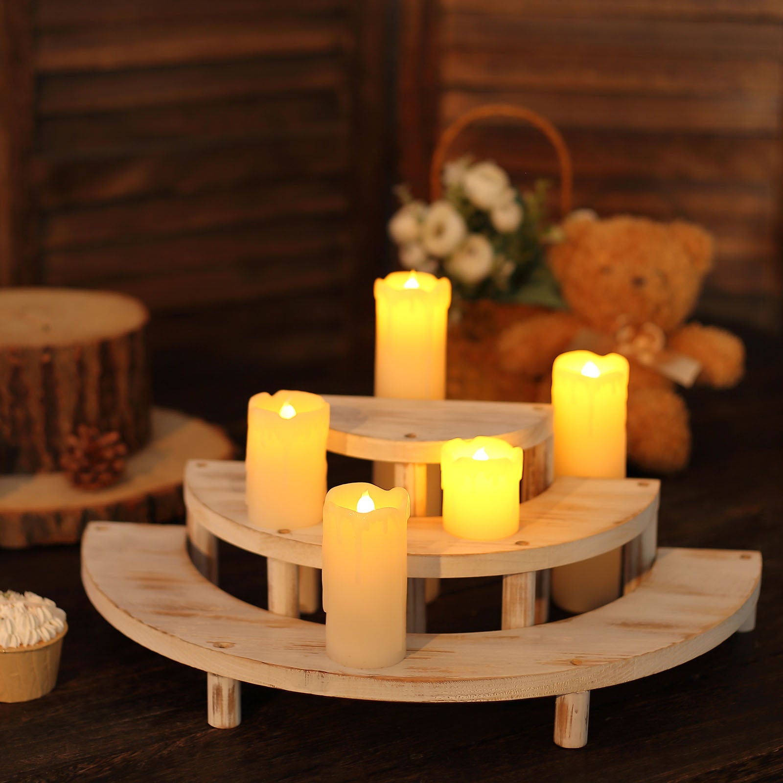 Set of 3 Rustic Whitewashed Wood 3-Tier Semicircle Dessert Pedestals, Half Moon Cupcake Display Risers 7", 13", 18"