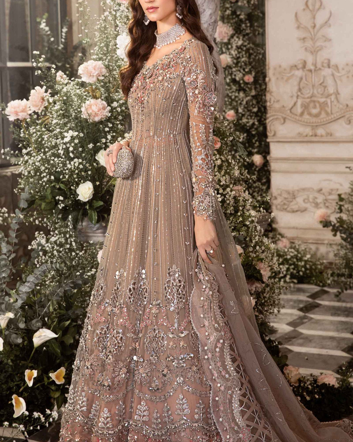 Women's Round Neck Long Sleeve Mesh Embroidery Dress