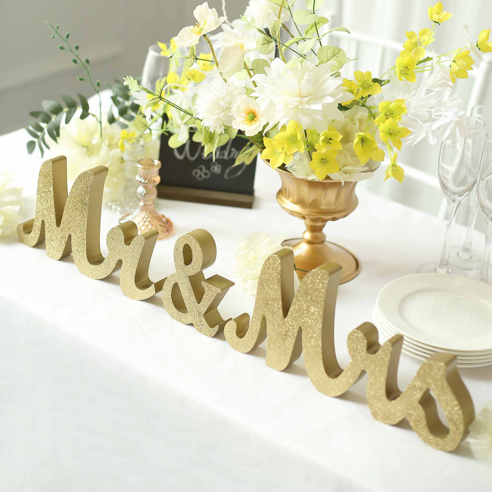 Gold Glittered Wooden "Mr & Mrs" Freestanding Letter Photo Props, Rustic Glam Wedding Table Display Signs