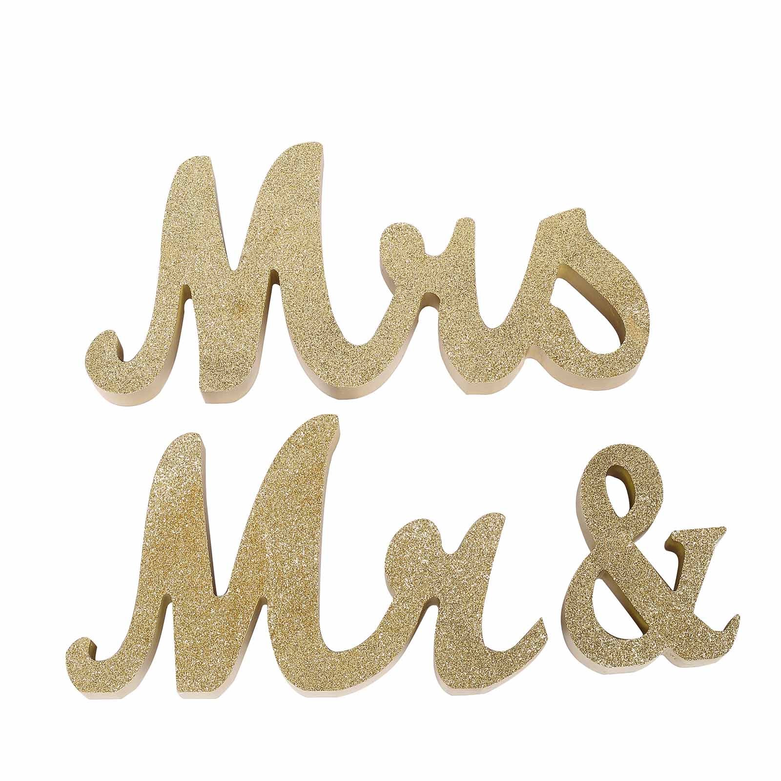 Gold Glittered Wooden "Mr & Mrs" Freestanding Letter Photo Props, Rustic Glam Wedding Table Display Signs