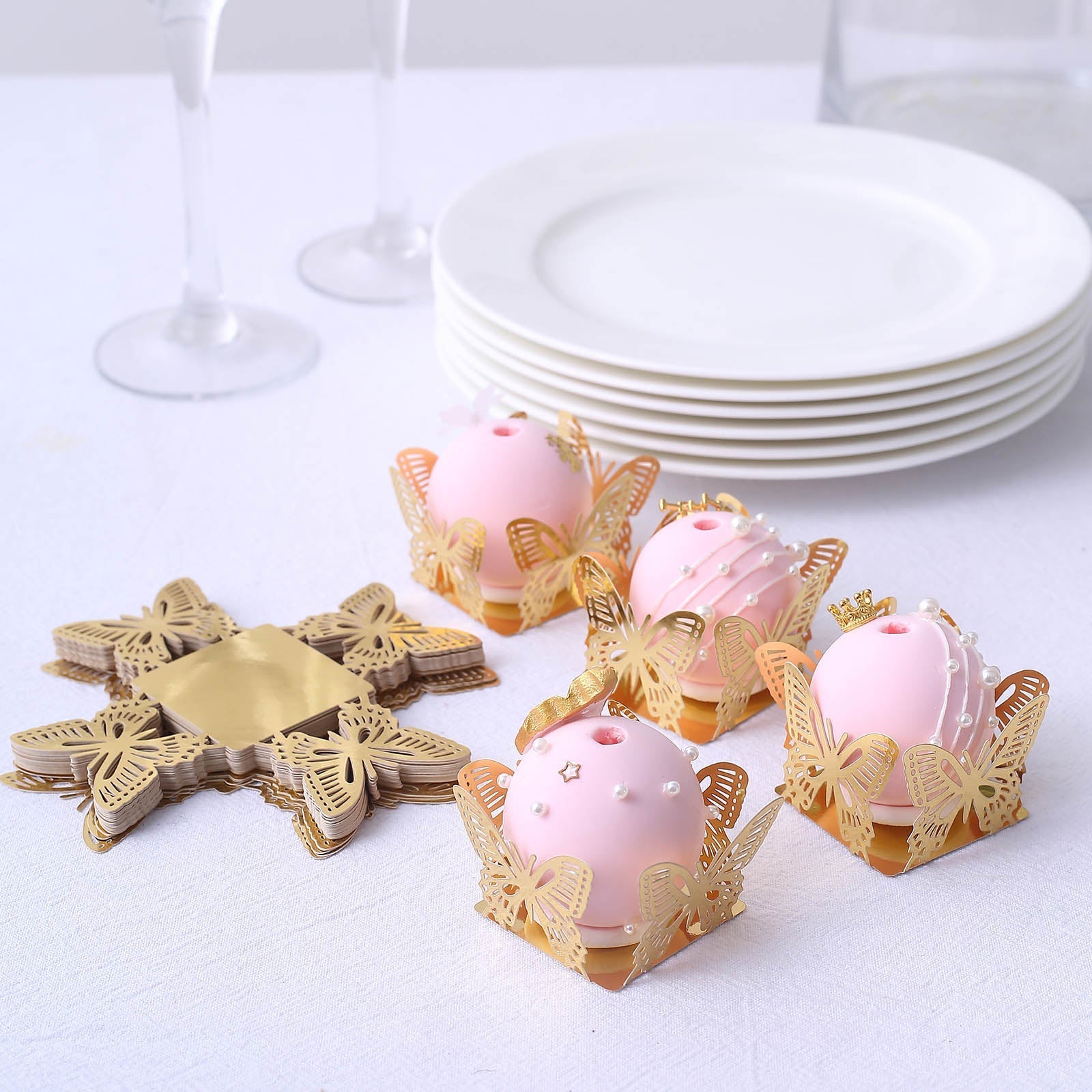 50 Pack Mini Metallic Gold Butterfly Truffle Cup Dessert Liners, Square Cupcake Tray Wrappers 225GSM 4"