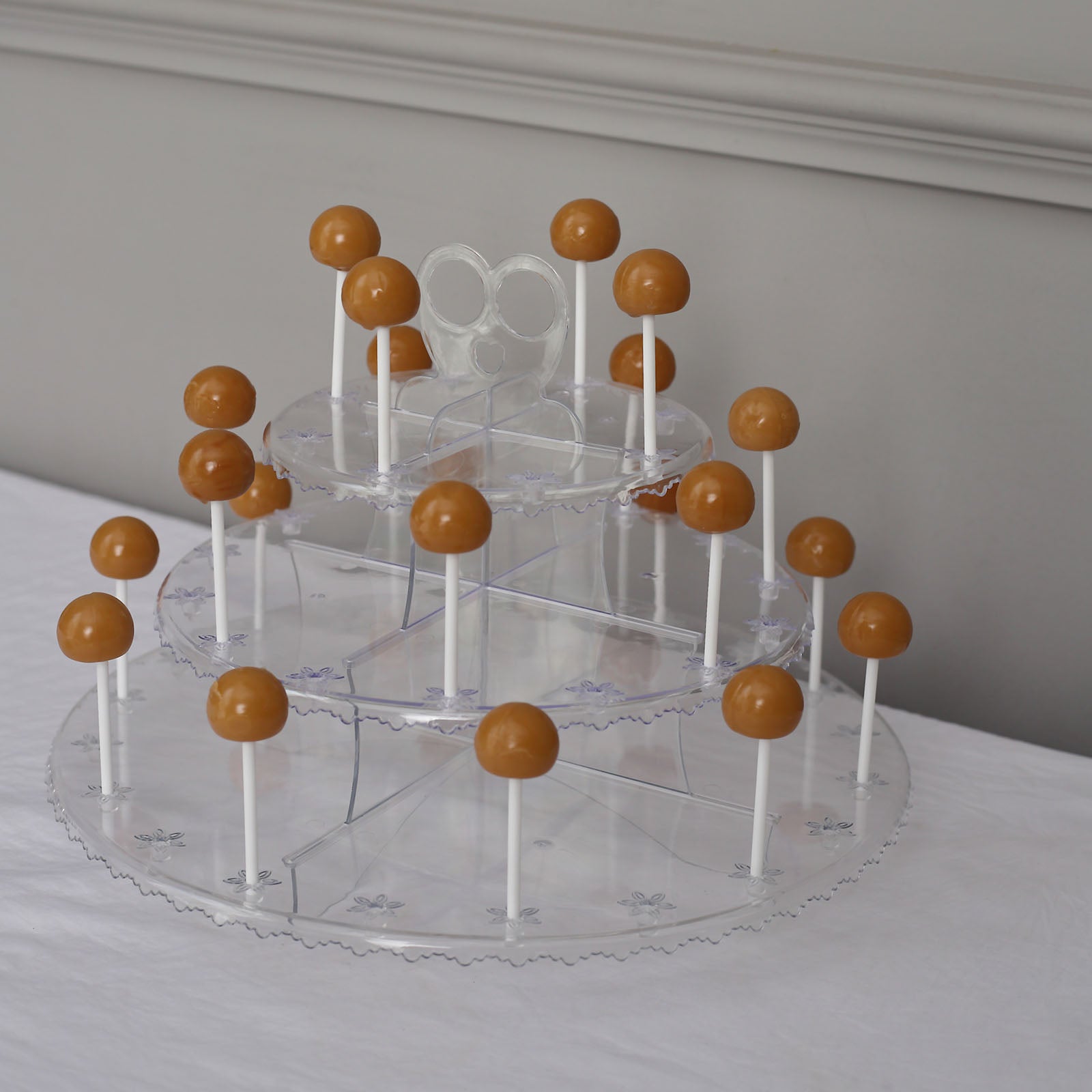 Clear 3-Tier Round Reusable Plastic Cake Pop Holder Cupcake Stand Dessert Tower With Floral Cut Rims 12"