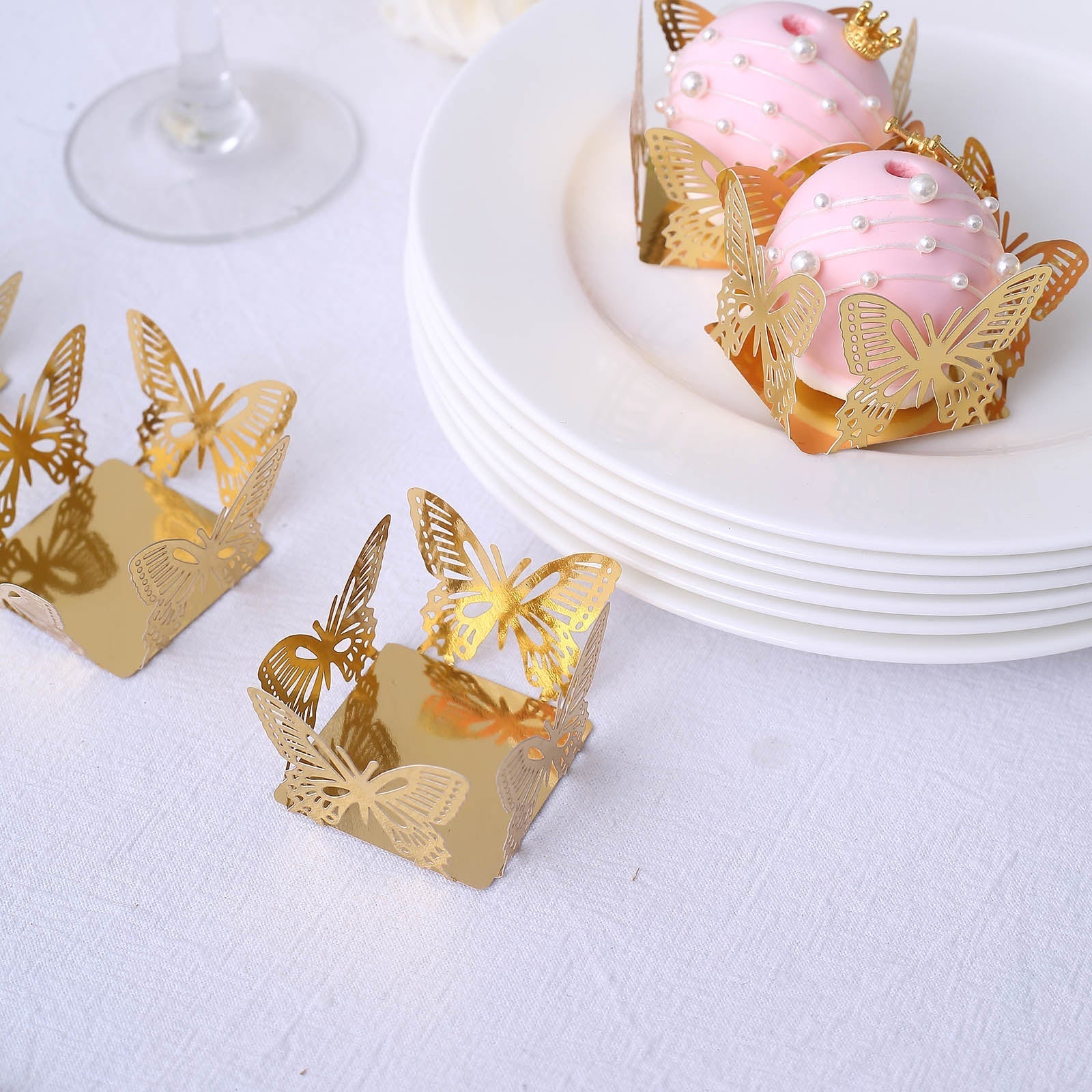 50 Pack Mini Metallic Gold Butterfly Truffle Cup Dessert Liners, Square Cupcake Tray Wrappers 225GSM 4"