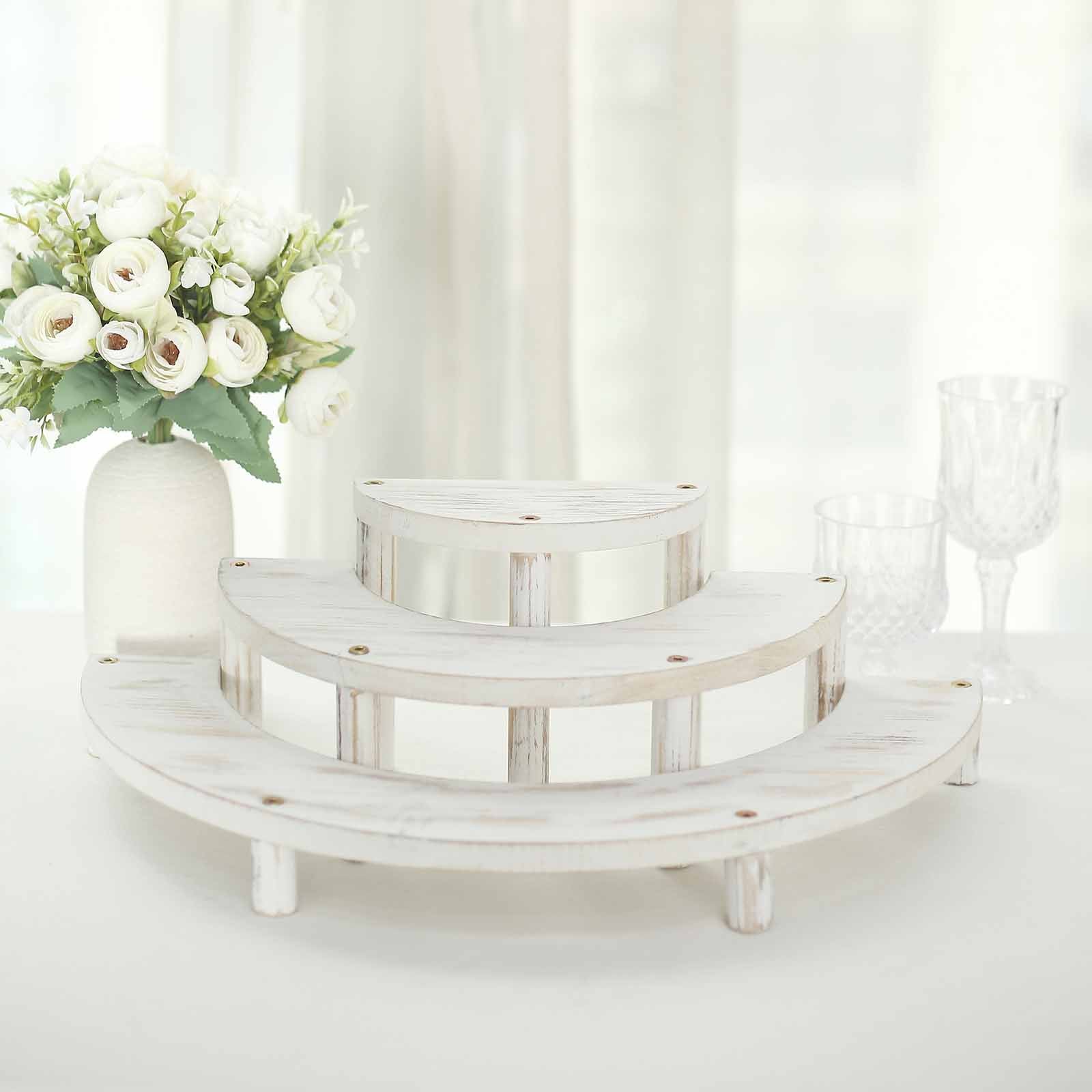 Set of 3 Rustic Whitewashed Wood 3-Tier Semicircle Dessert Pedestals, Half Moon Cupcake Display Risers 7", 13", 18"