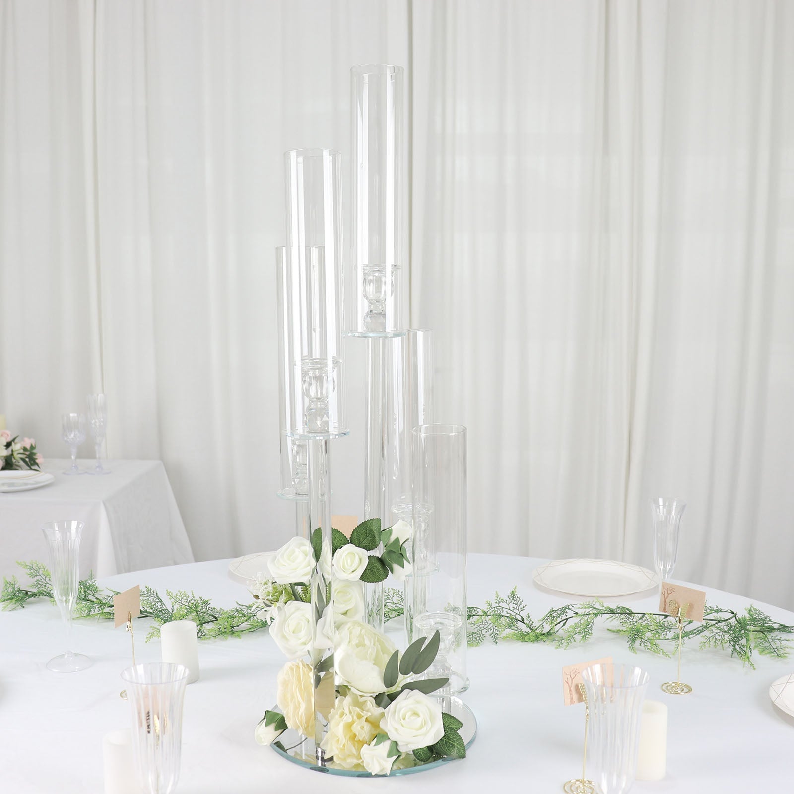 Clear 5-Arm Crystal Round Glass Taper Candle Candelabra, Pillar Candle Holder Wedding Centerpiece 32" Tall