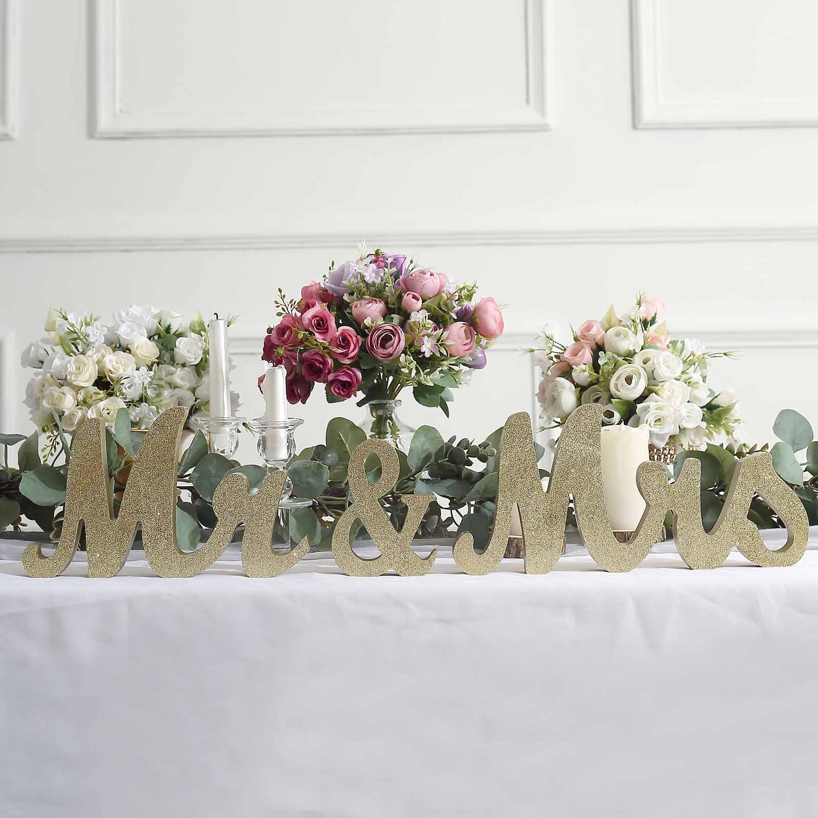 Gold Glittered Wooden "Mr & Mrs" Freestanding Letter Photo Props, Rustic Glam Wedding Table Display Signs