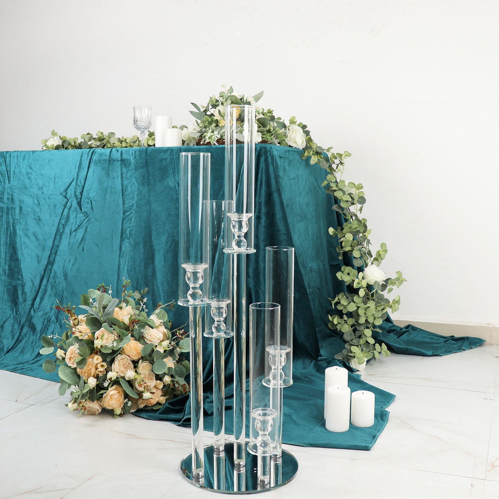 Clear 5-Arm Crystal Round Glass Taper Candle Candelabra, Pillar Candle Holder Wedding Centerpiece 32" Tall