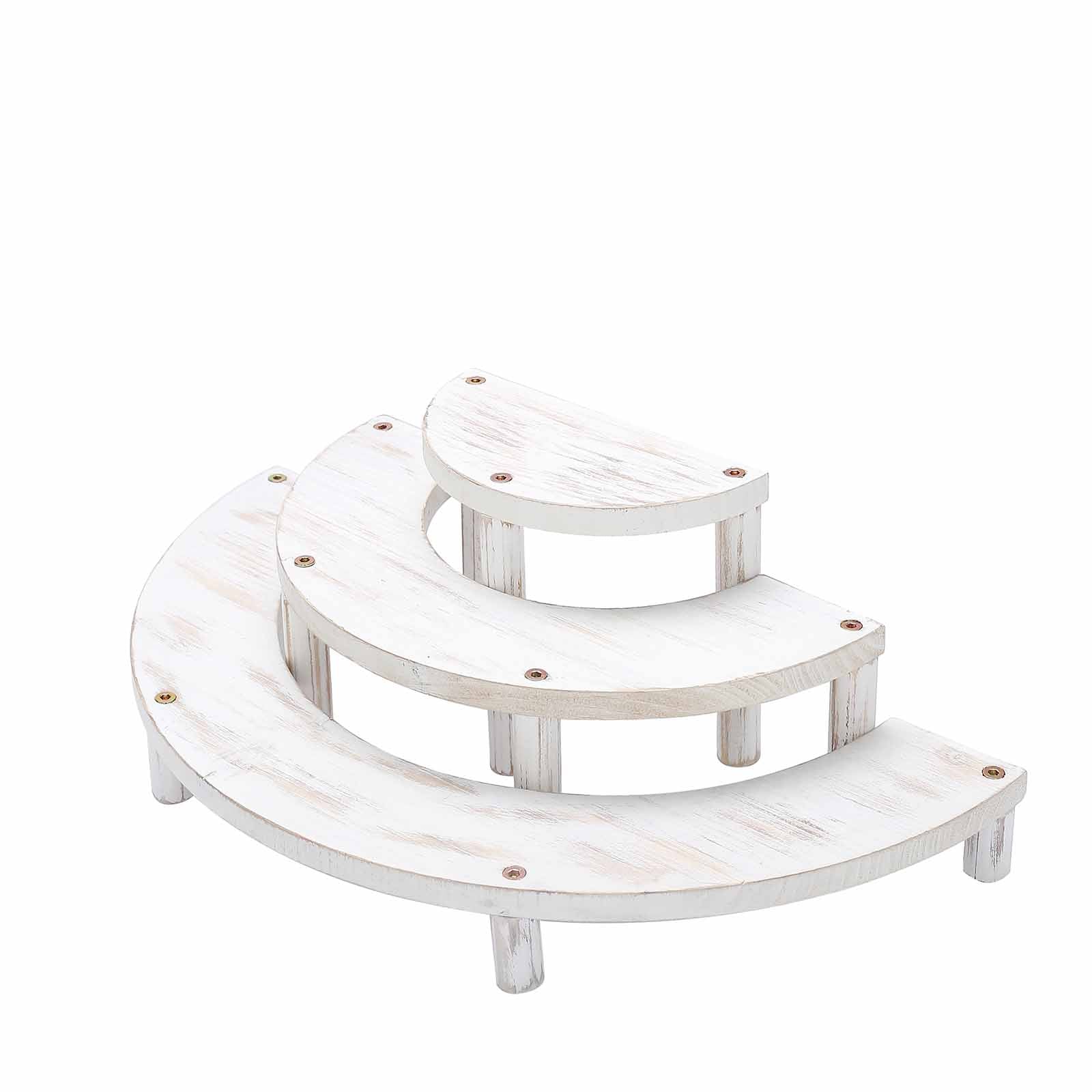 Set of 3 Rustic Whitewashed Wood 3-Tier Semicircle Dessert Pedestals, Half Moon Cupcake Display Risers 7", 13", 18"