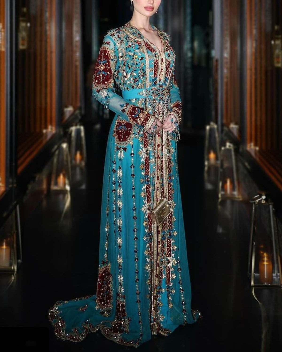Women's Long Sleeve V Neck Mesh Embroidery Dress