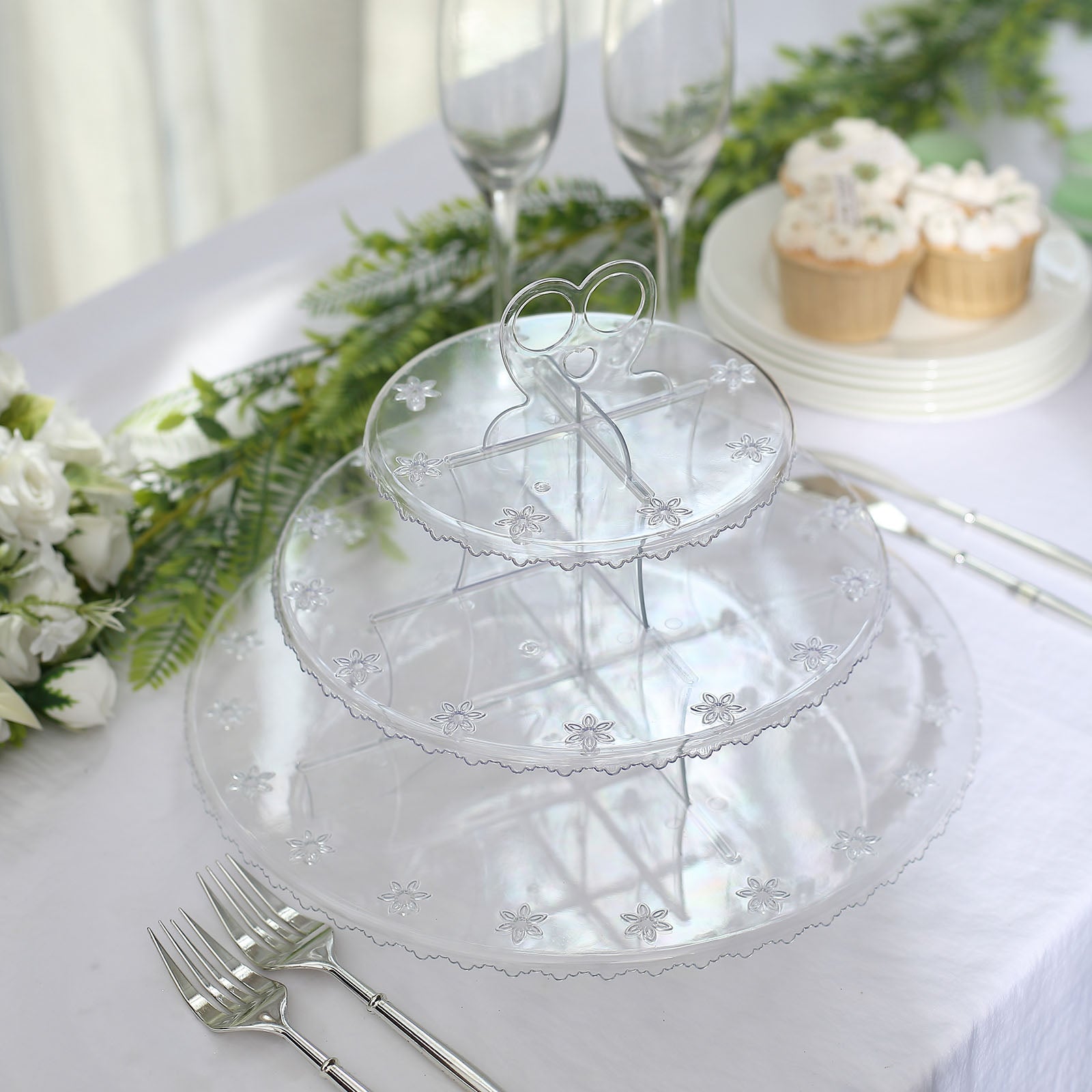 Clear 3-Tier Round Reusable Plastic Cake Pop Holder Cupcake Stand Dessert Tower With Floral Cut Rims 12"