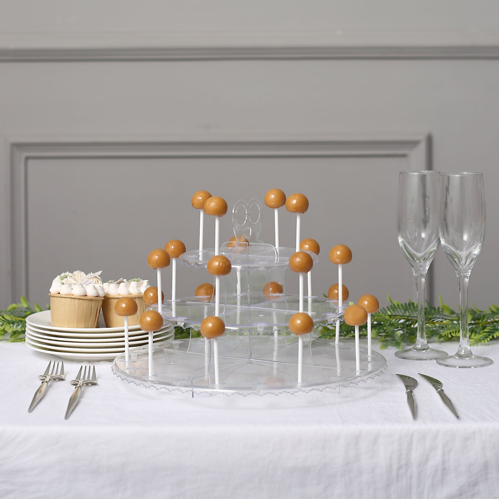 Clear 3-Tier Round Reusable Plastic Cake Pop Holder Cupcake Stand Dessert Tower With Floral Cut Rims 12"