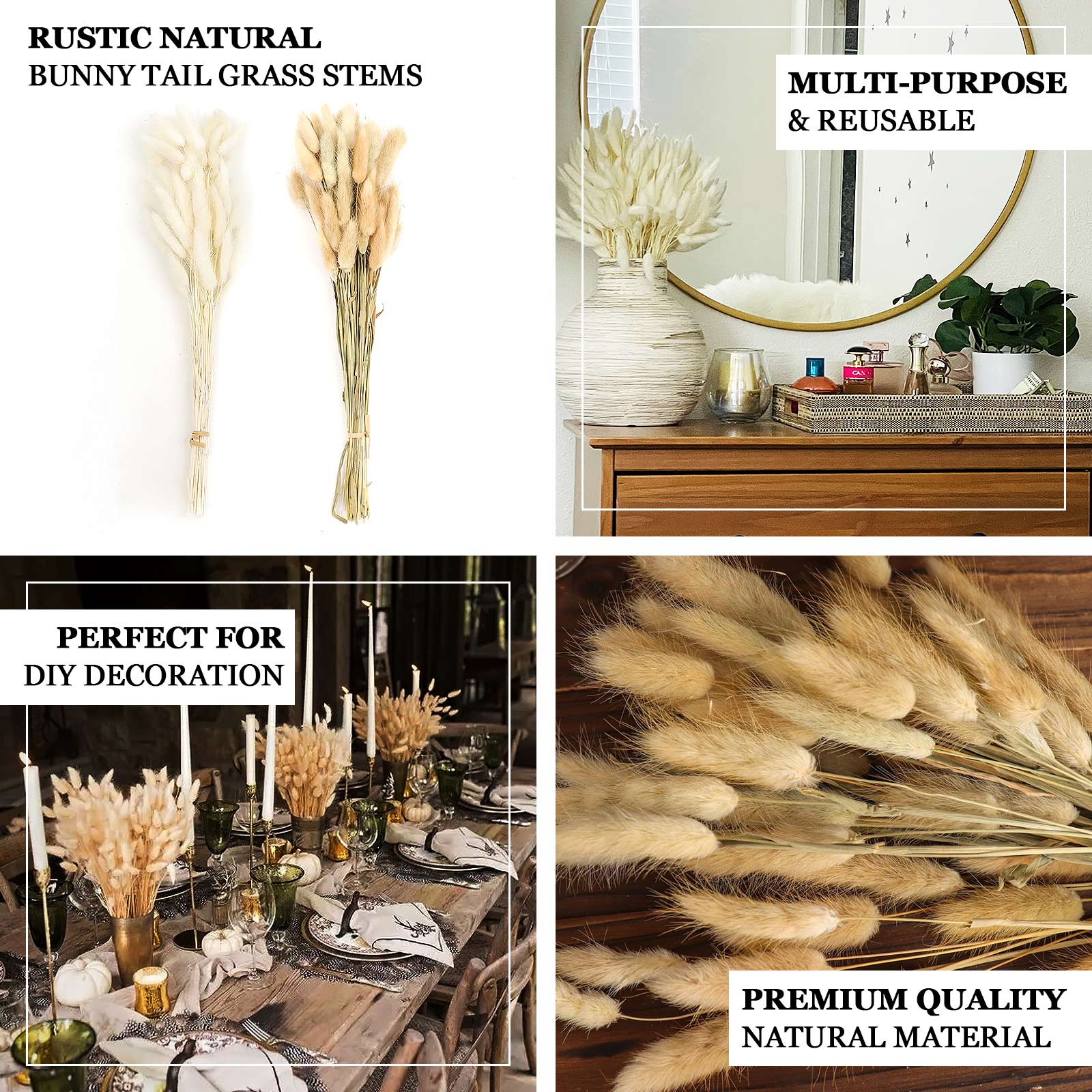 50 Pack Natural White Rabbit Tail Dried Pampas Grass Flower Bouquets, Boho Stem Arrangements 15"