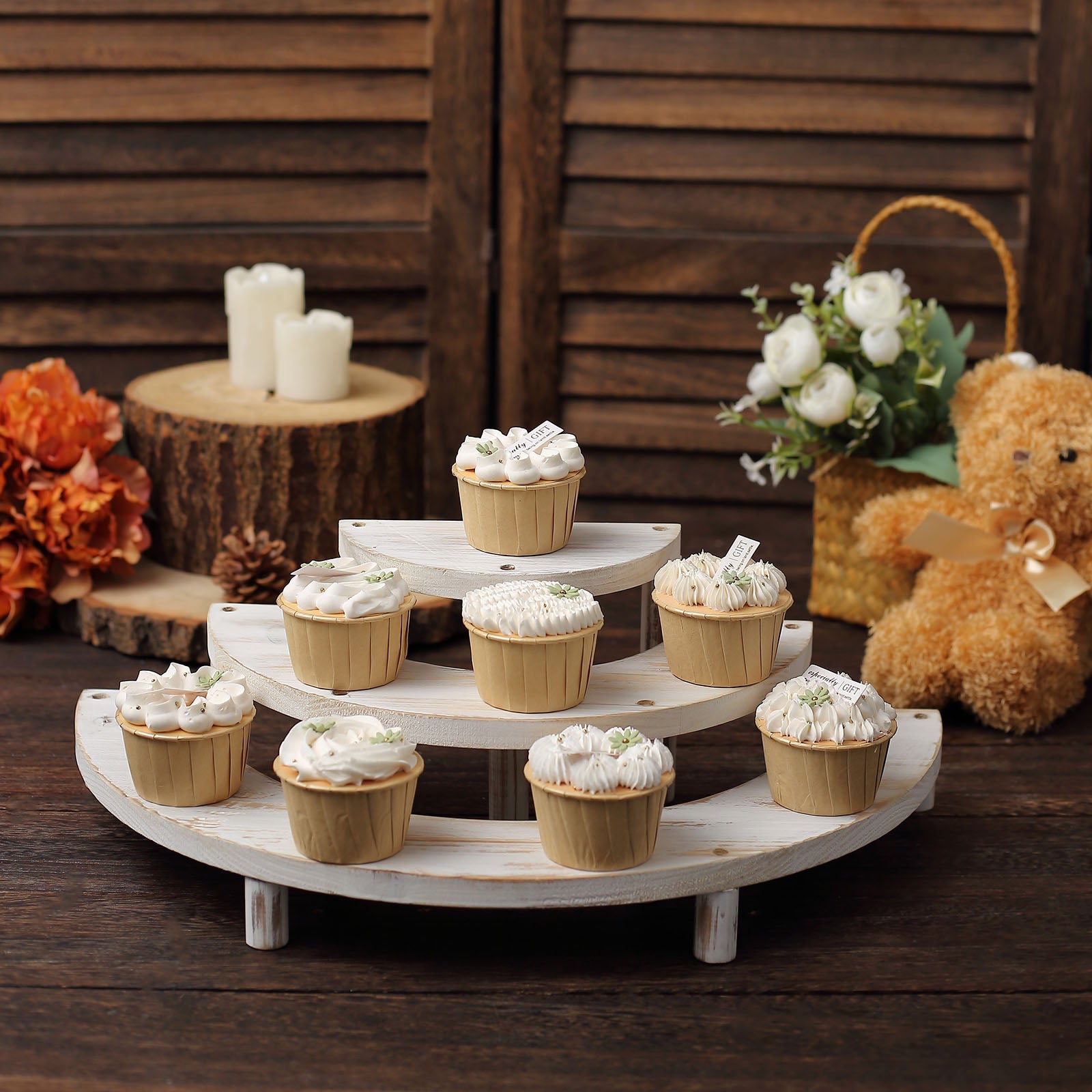 Set of 3 Rustic Whitewashed Wood 3-Tier Semicircle Dessert Pedestals, Half Moon Cupcake Display Risers 7", 13", 18"