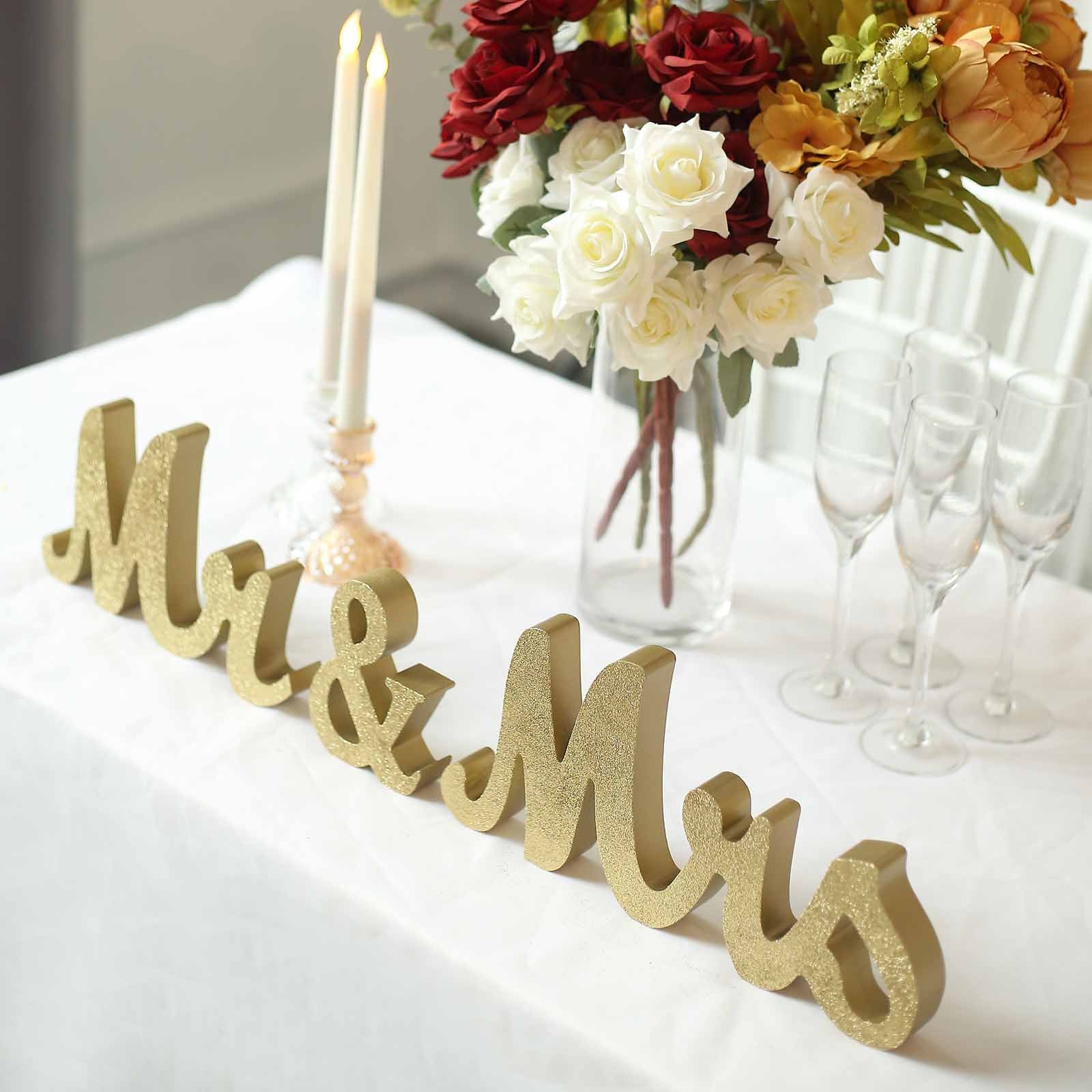 Gold Glittered Wooden "Mr & Mrs" Freestanding Letter Photo Props, Rustic Glam Wedding Table Display Signs