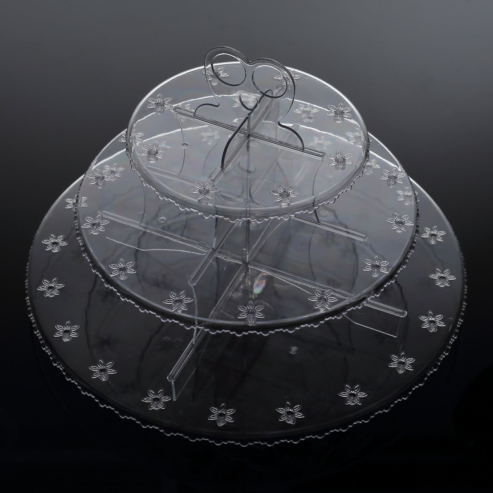Clear 3-Tier Round Reusable Plastic Cake Pop Holder Cupcake Stand Dessert Tower With Floral Cut Rims 12"