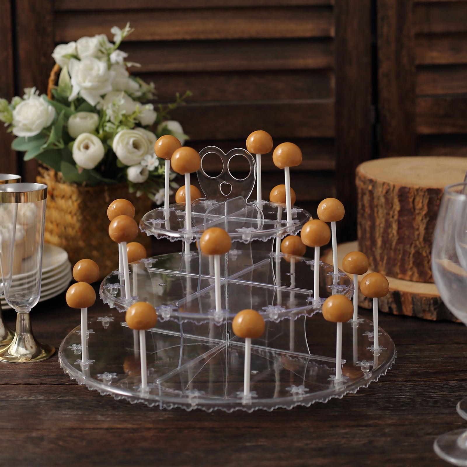 Clear 3-Tier Round Reusable Plastic Cake Pop Holder Cupcake Stand Dessert Tower With Floral Cut Rims 12"