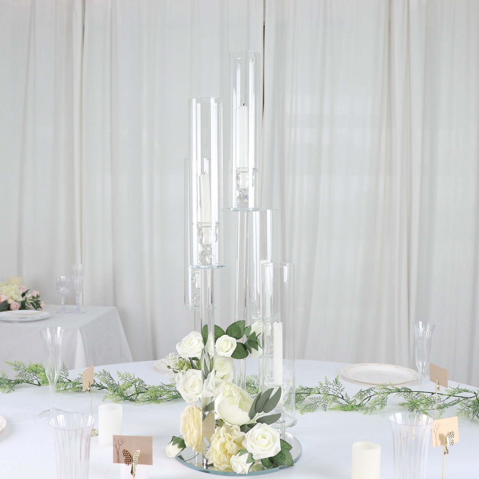 Clear 5-Arm Crystal Round Glass Taper Candle Candelabra, Pillar Candle Holder Wedding Centerpiece 32" Tall