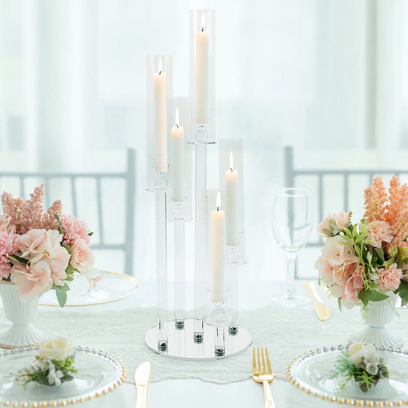 Clear 5-Arm Crystal Round Glass Taper Candle Candelabra, Pillar Candle Holder Wedding Centerpiece 32" Tall