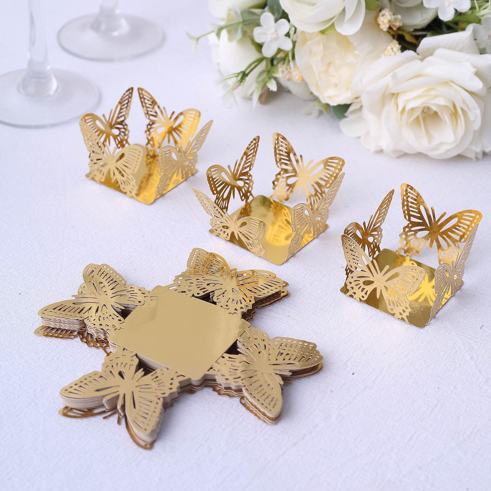 50 Pack Mini Metallic Gold Butterfly Truffle Cup Dessert Liners, Square Cupcake Tray Wrappers 225GSM 4"