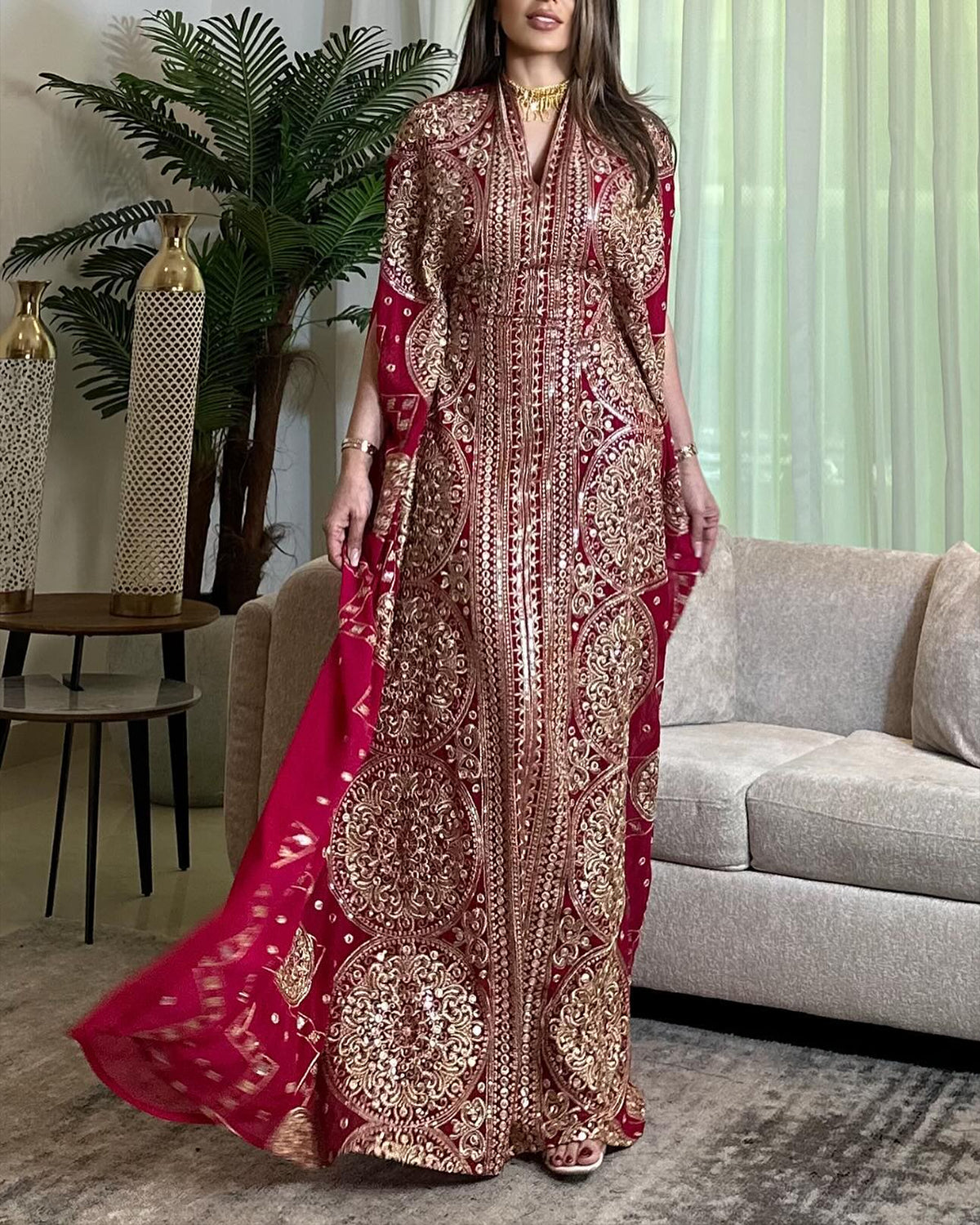 Women's V Neck Embroidered Kaftan Dress