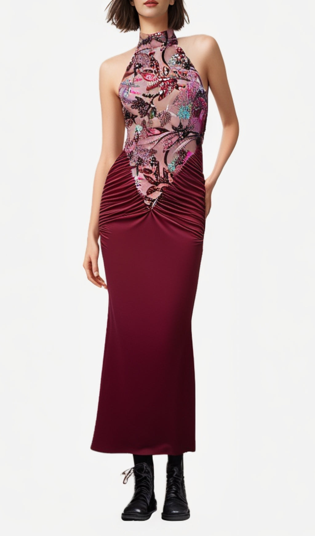 Dusha Red Halter Flower Ruched Maxi Dress