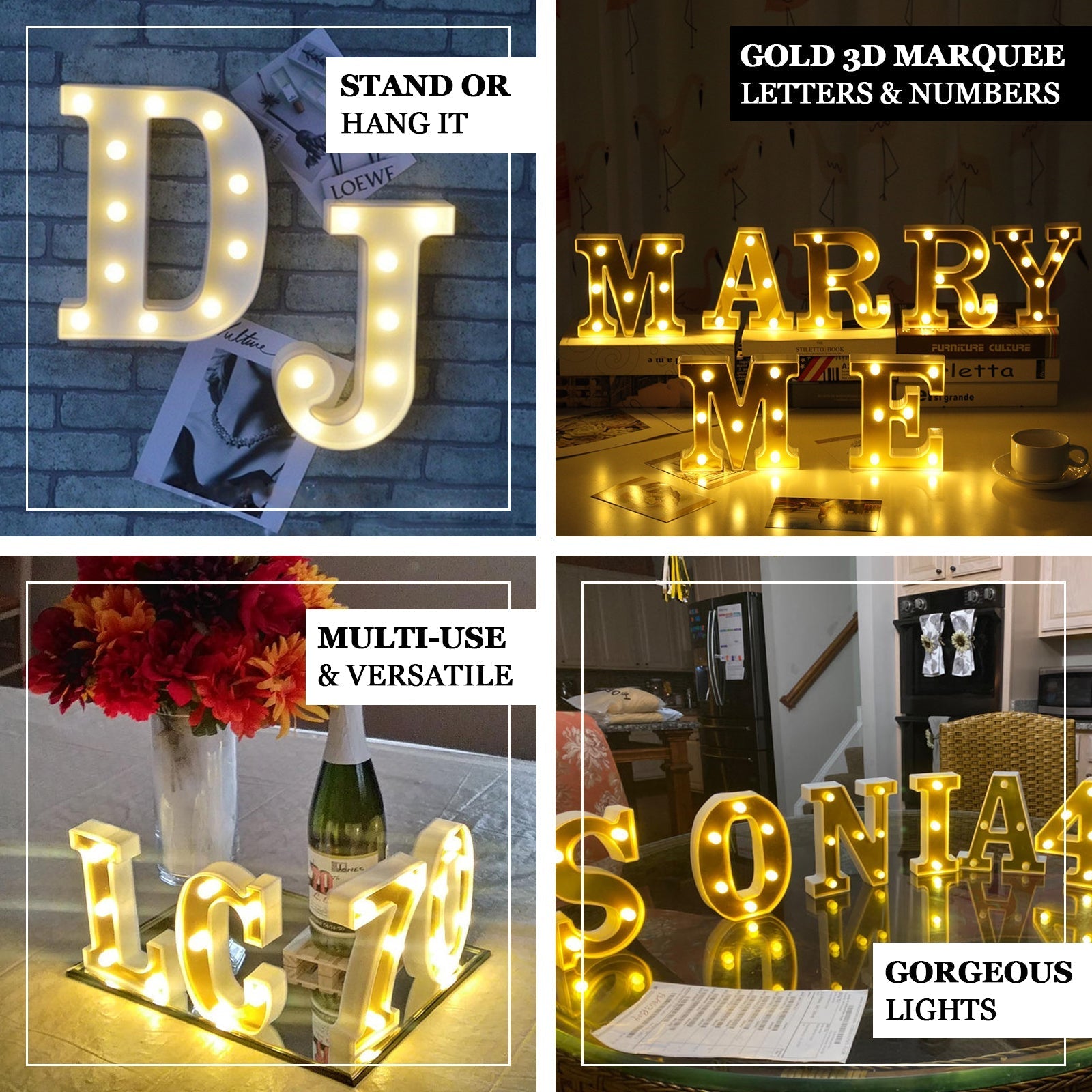 Gold 3D Marquee "I" Letters - Warm White 3 LED Light Up Letters 6"