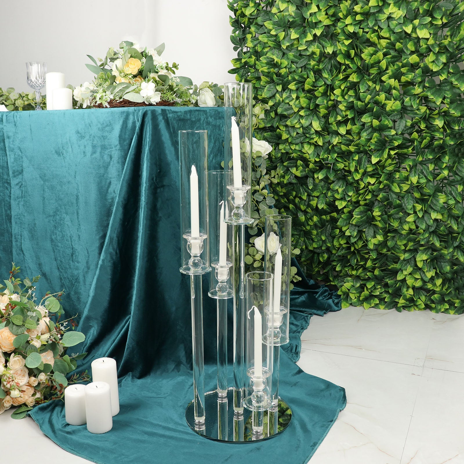 Clear 5-Arm Crystal Round Glass Taper Candle Candelabra, Pillar Candle Holder Wedding Centerpiece 32" Tall