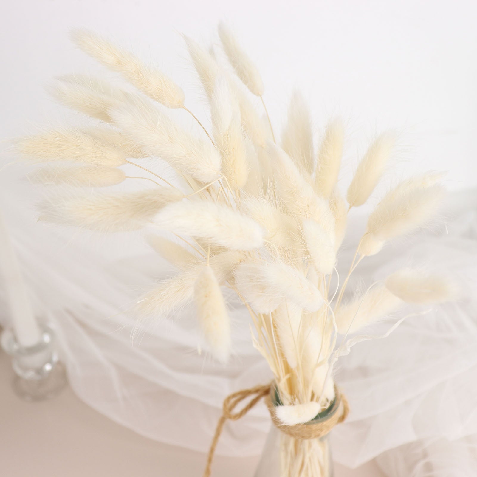 50 Pack Natural White Rabbit Tail Dried Pampas Grass Flower Bouquets, Boho Stem Arrangements 15"