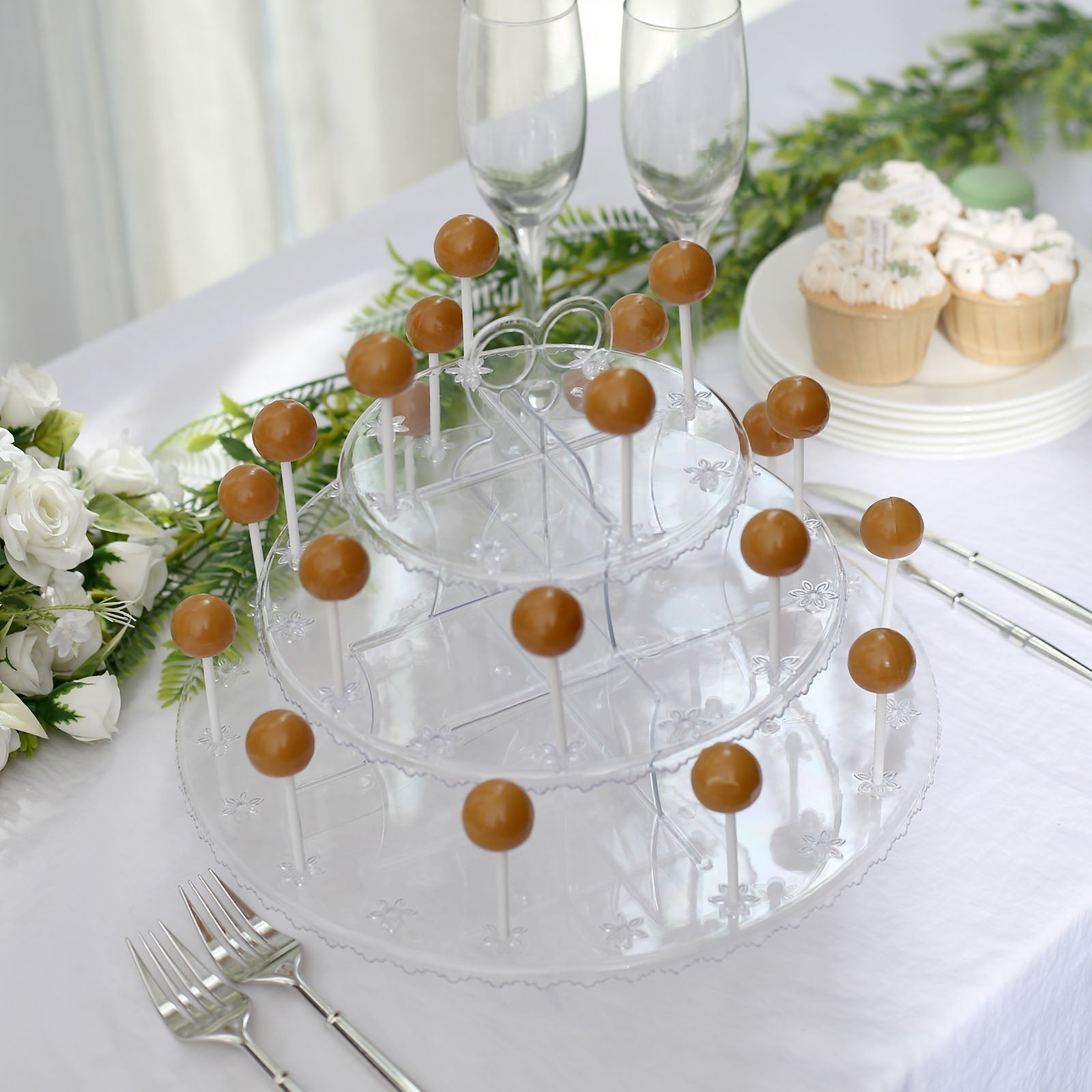 Clear 3-Tier Round Reusable Plastic Cake Pop Holder Cupcake Stand Dessert Tower With Floral Cut Rims 12"