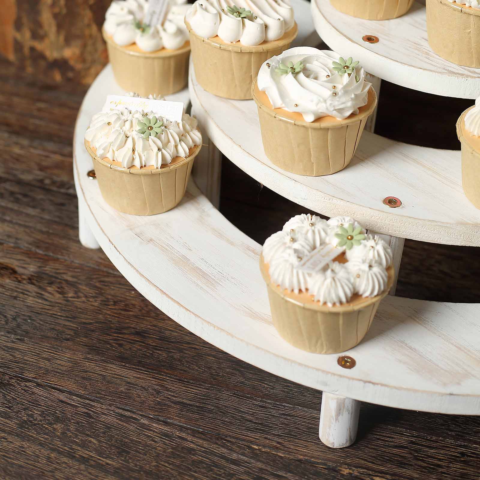Set of 3 Rustic Whitewashed Wood 3-Tier Semicircle Dessert Pedestals, Half Moon Cupcake Display Risers 7", 13", 18"