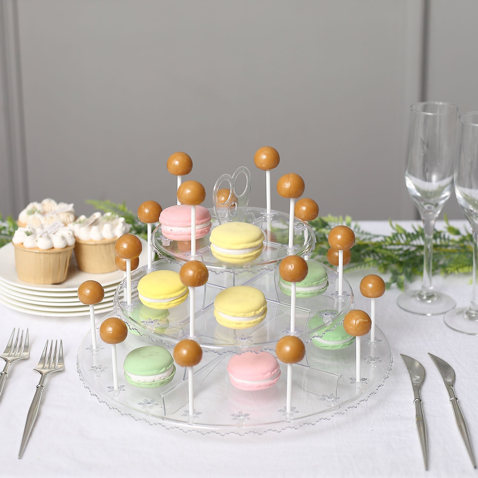 Clear 3-Tier Round Reusable Plastic Cake Pop Holder Cupcake Stand Dessert Tower With Floral Cut Rims 12"