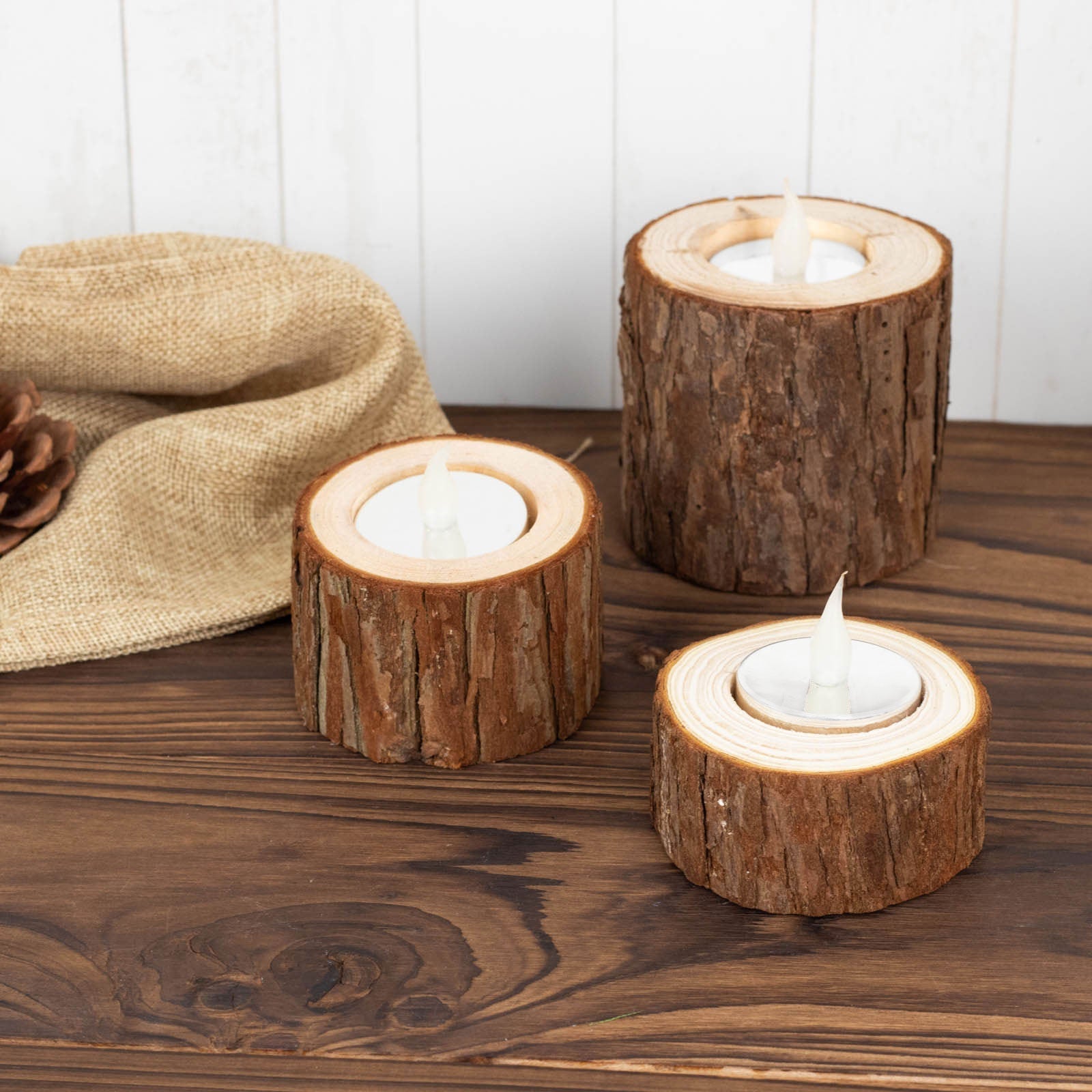 Set of 3 Assorted Farmhouse Wood Slice Votive Candle Holders, Rustic Tree Branch Wedding Table Décor 2.75", 1.5", 1.25"