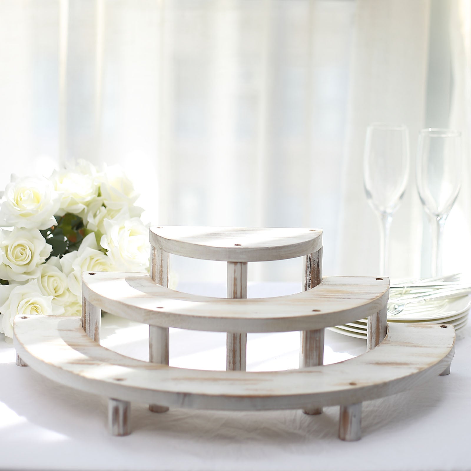 Set of 3 Rustic Whitewashed Wood 3-Tier Semicircle Dessert Pedestals, Half Moon Cupcake Display Risers 7", 13", 18"