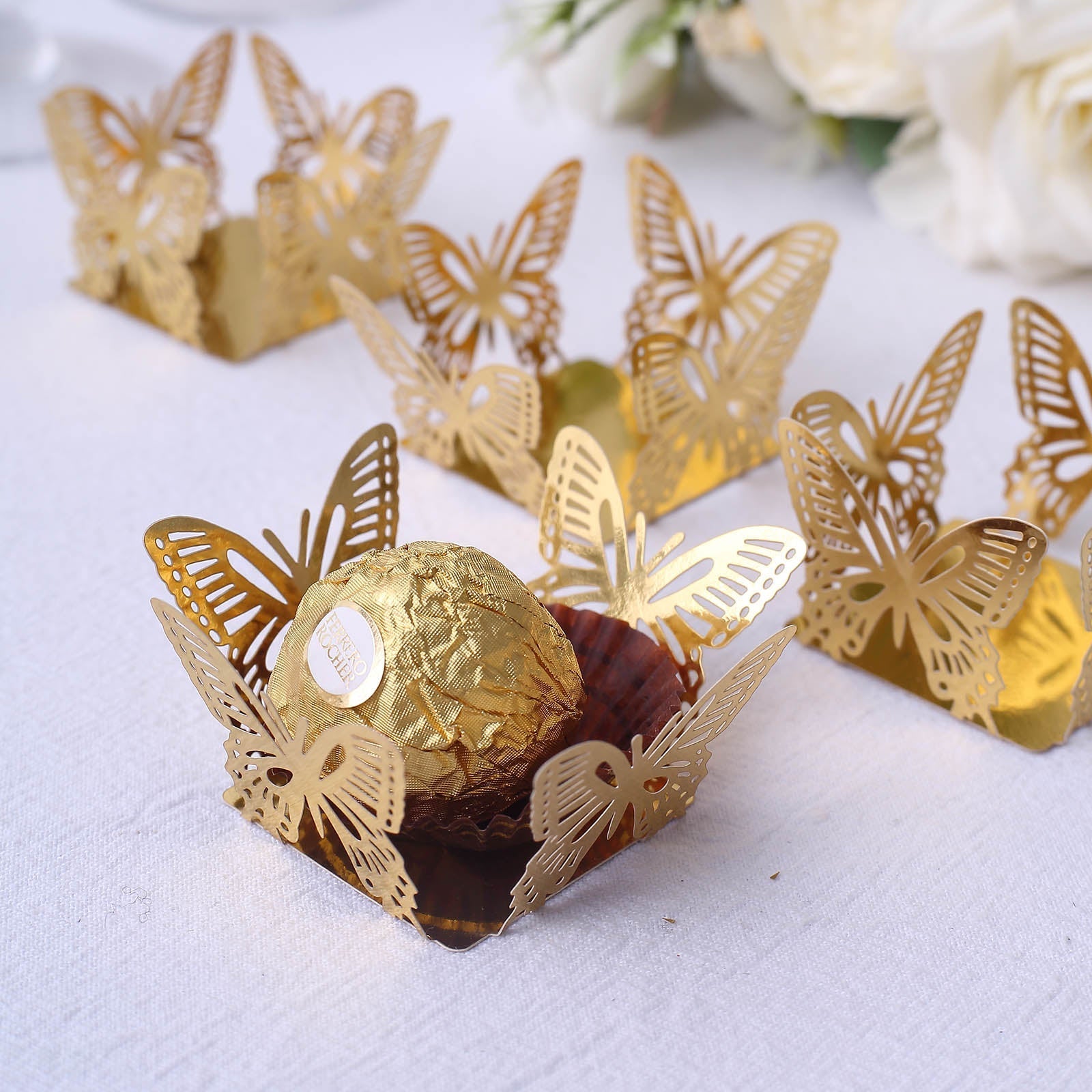 50 Pack Mini Metallic Gold Butterfly Truffle Cup Dessert Liners, Square Cupcake Tray Wrappers 225GSM 4"