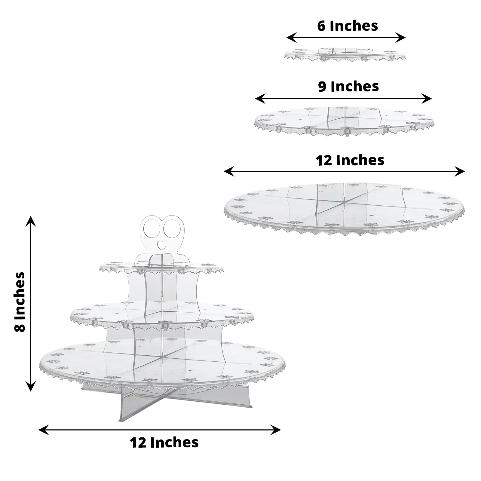 Clear 3-Tier Round Reusable Plastic Cake Pop Holder Cupcake Stand Dessert Tower With Floral Cut Rims 12"