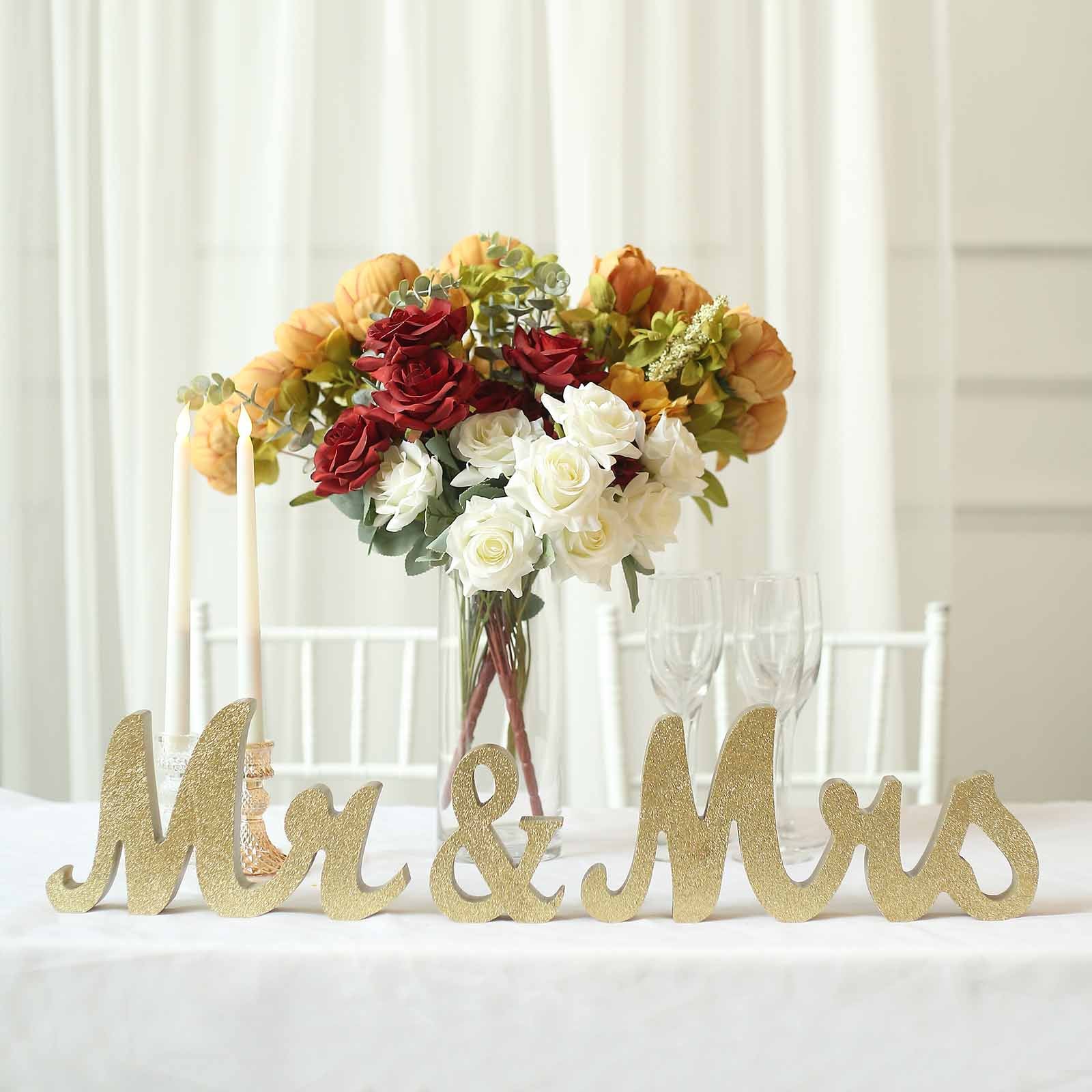 Gold Glittered Wooden "Mr & Mrs" Freestanding Letter Photo Props, Rustic Glam Wedding Table Display Signs