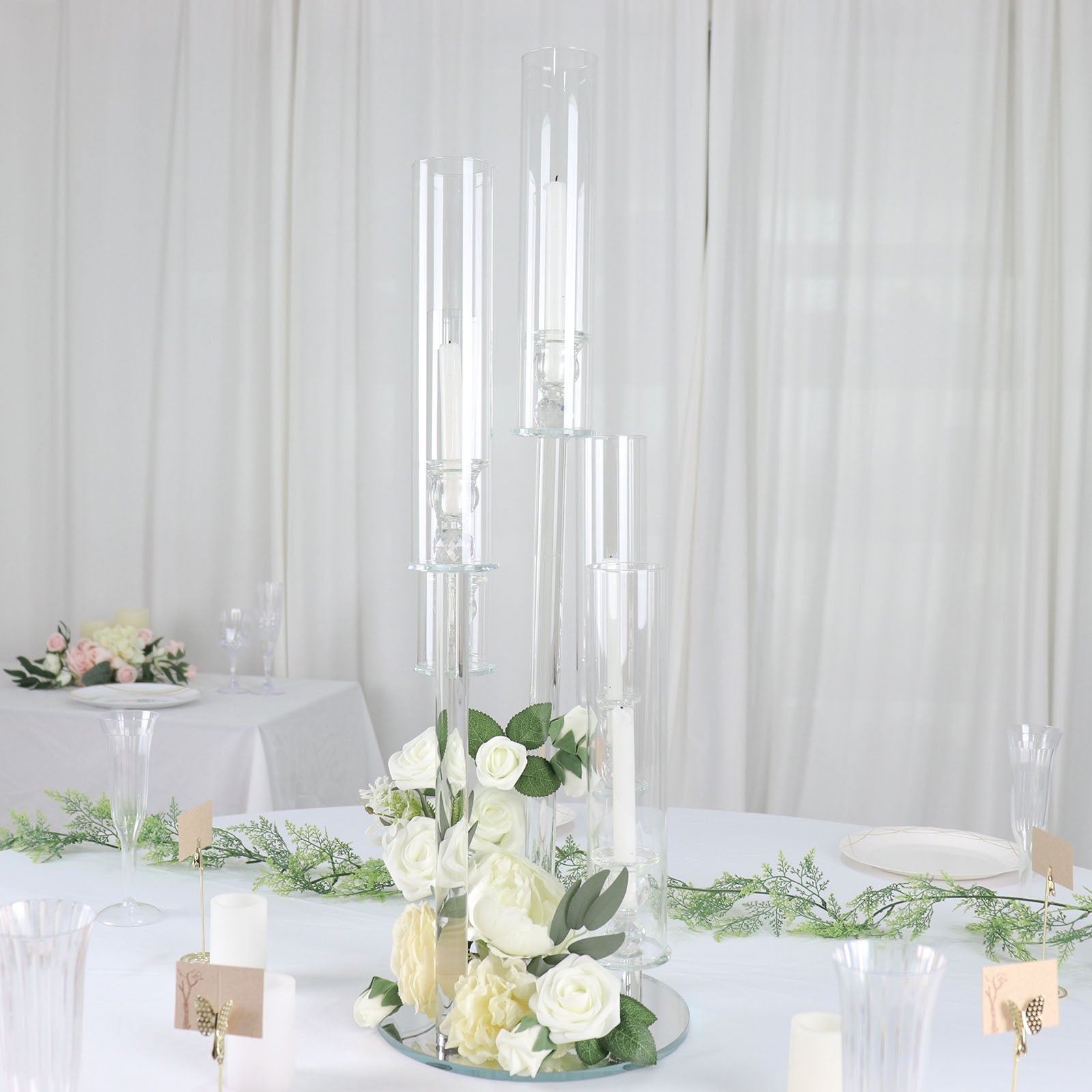 Clear 5-Arm Crystal Round Glass Taper Candle Candelabra, Pillar Candle Holder Wedding Centerpiece 32" Tall