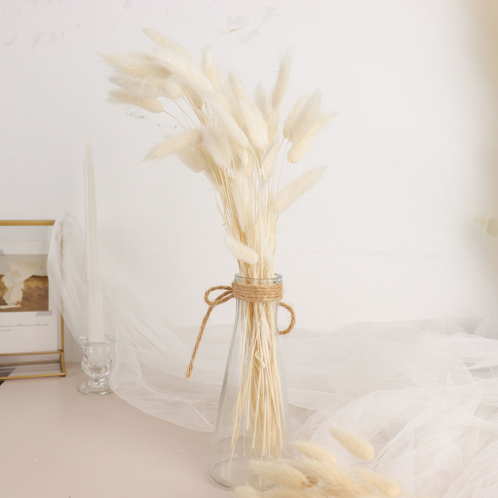 50 Pack Natural White Rabbit Tail Dried Pampas Grass Flower Bouquets, Boho Stem Arrangements 15"