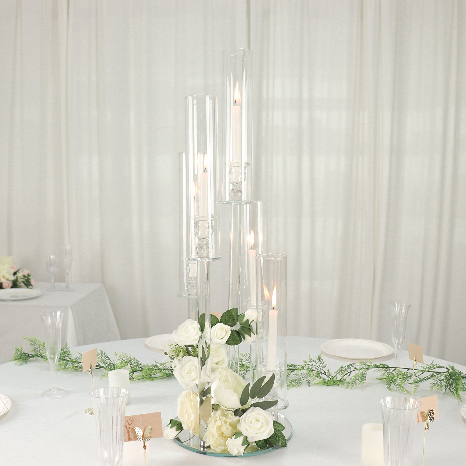 Clear 5-Arm Crystal Round Glass Taper Candle Candelabra, Pillar Candle Holder Wedding Centerpiece 32" Tall
