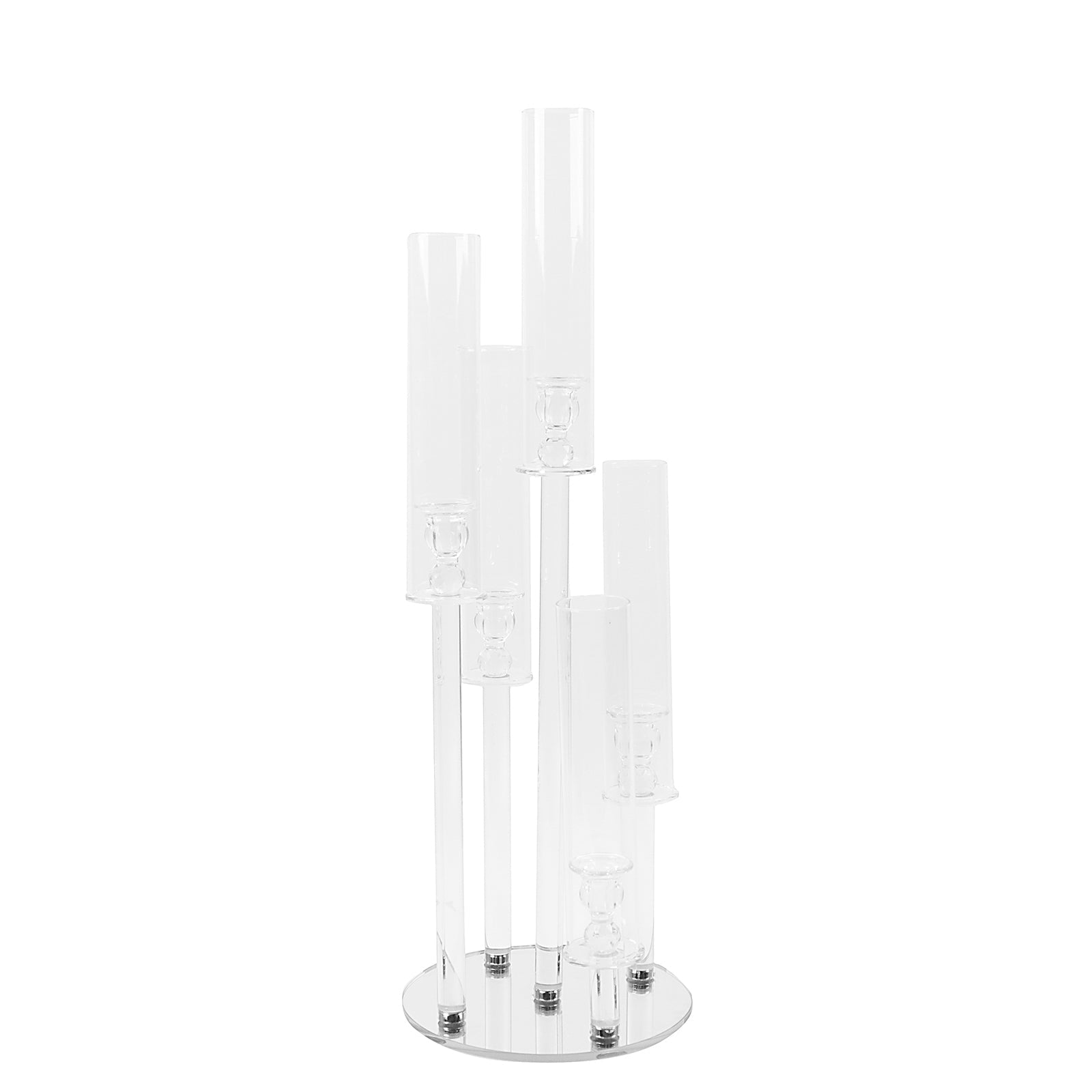 Clear 5-Arm Crystal Round Glass Taper Candle Candelabra, Pillar Candle Holder Wedding Centerpiece 32" Tall